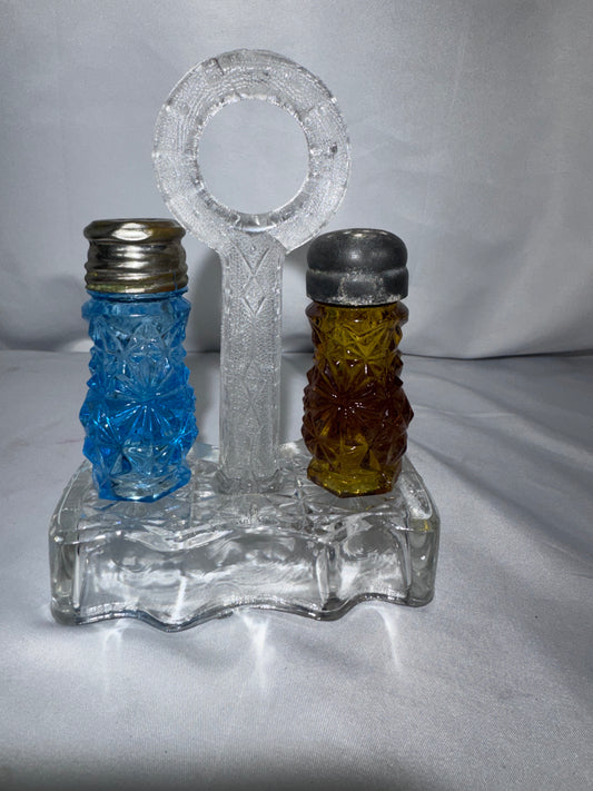 Antique EAPG Daisy & Button Slender Salt & Pepper Shaker Set w/ Glass Caddy – Circa 1884