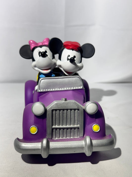 Vintage Mickey & Minnie Mouse Convertible Coin Bank – Classic Purple Car, Original Stopper