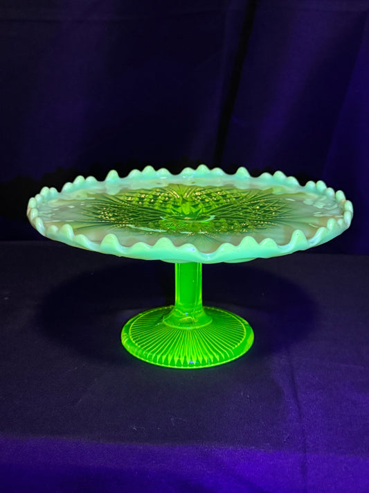 Vintage Uranium Glass Davidson “William & Mary” 9” Cake Stand – Pearline Primrose – Pedestal Stand