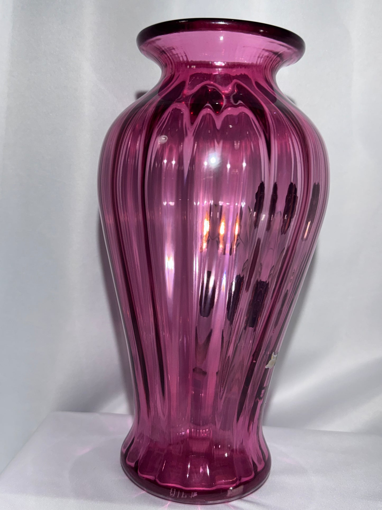 Fenton Pansies on Cranberry Optic Rib Vase 1994 – Hand-Painted – 9”