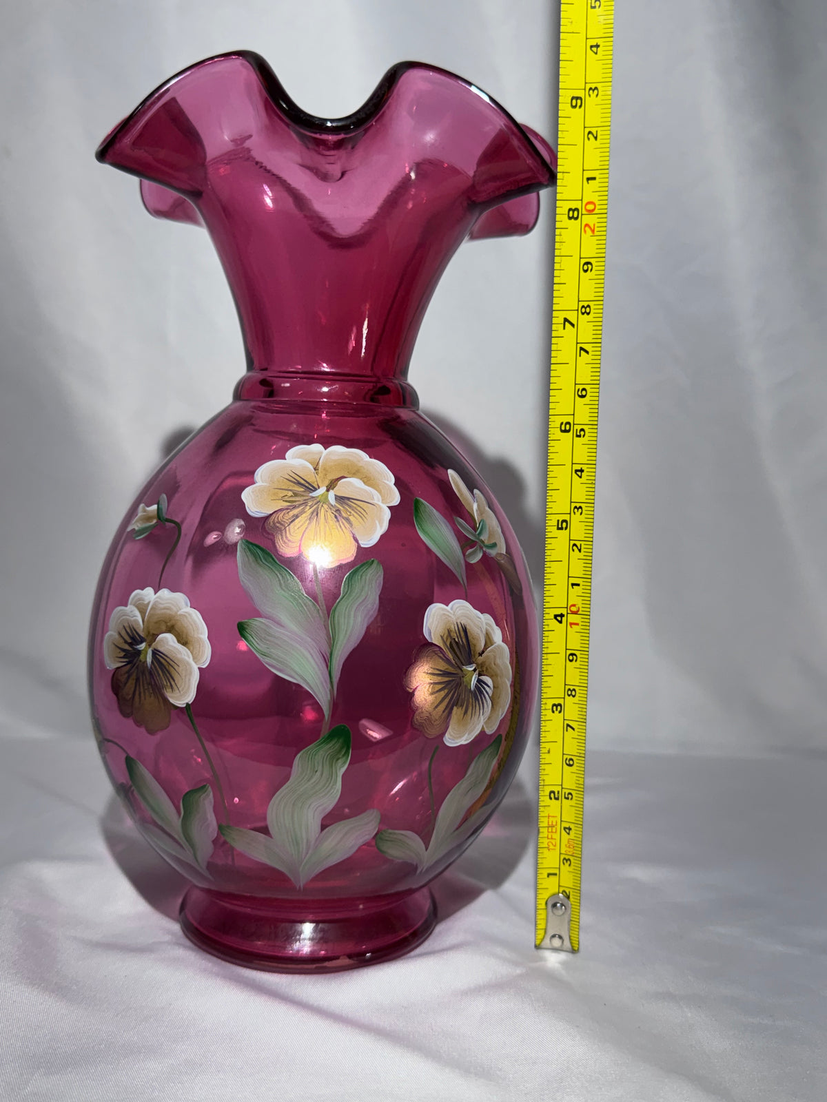 Vintage Fenton Cranberry Art Glass Vase – Hand-Painted Pansy Floral – P. Lane – 9” -1990's