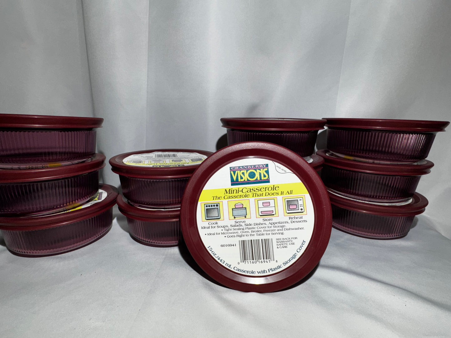 Set of 12 CorningWare Cranberry Visions 15 Oz Mini Casserole Dishes w/ Lids USA Box