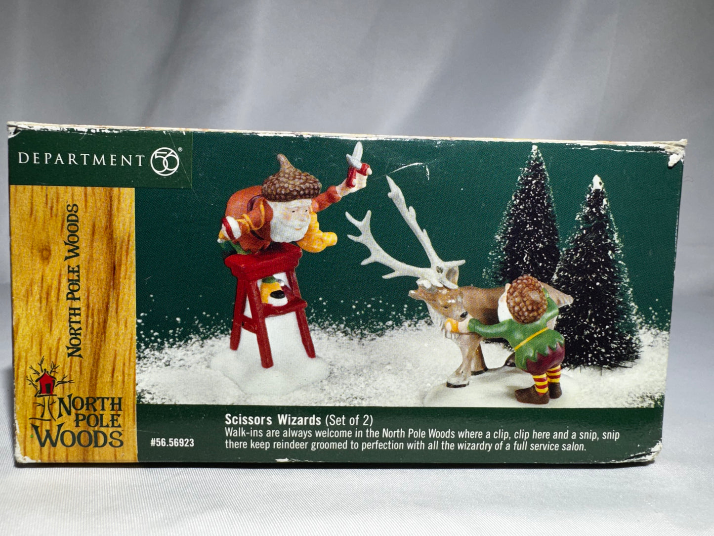 Department 56 North Pole Woods “Scissors Wizards” Elf Grooming Reindeer Set #56.56923 Retired w/ Box