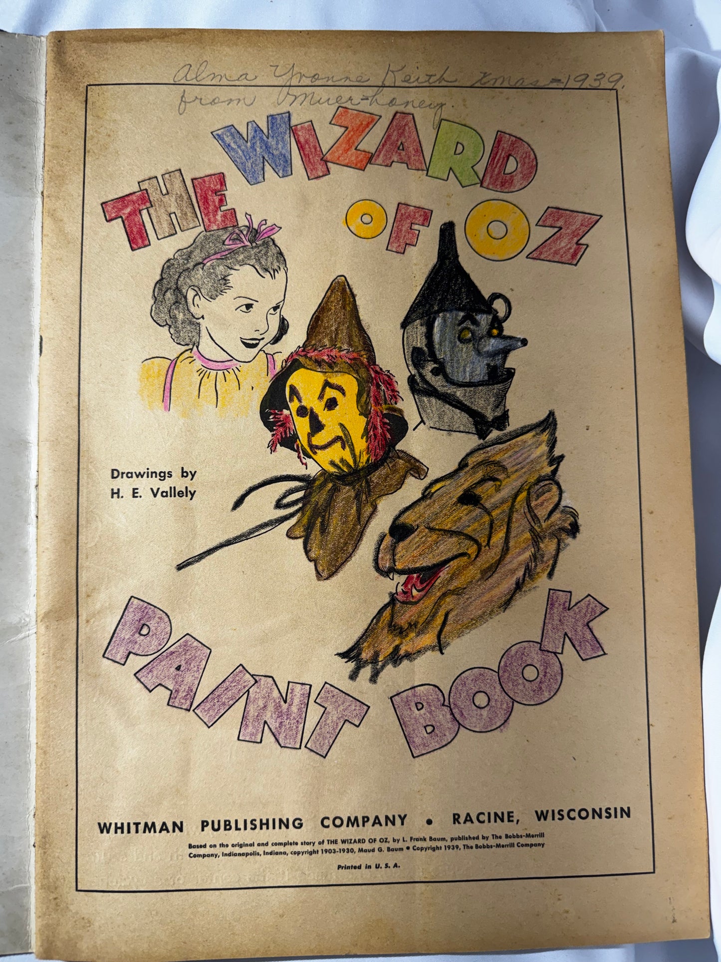 Vintage 1939 The Wizard of Oz Paint Book Whitman H.E. Vallely 40 Pages Scarecrow Tin Man