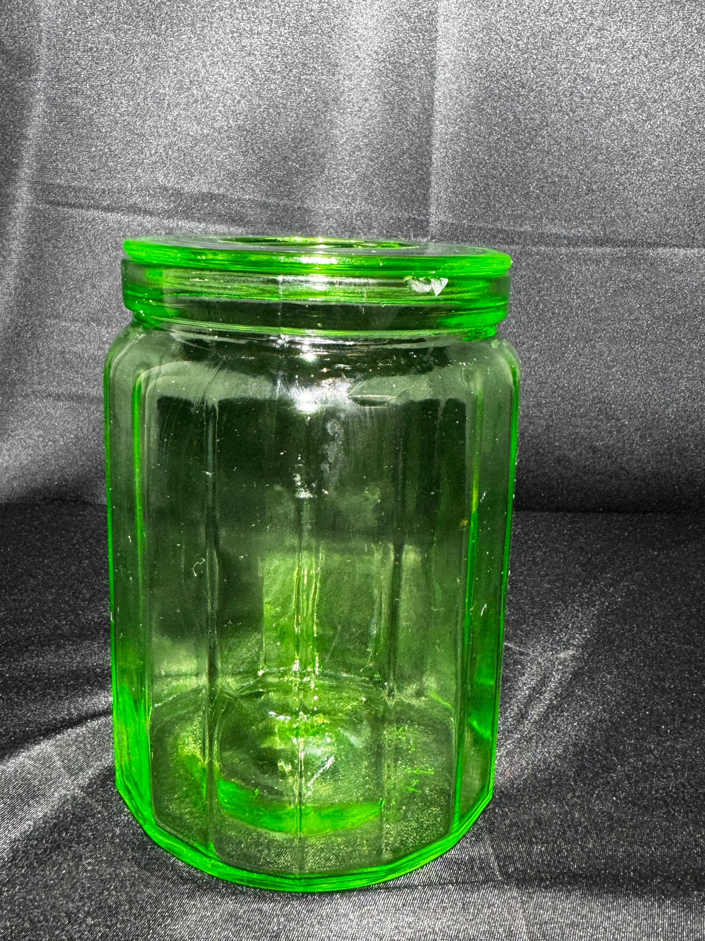 Vintage Hazel Atlas Uranium Glass Canister Green Paneled Depression Glass UV Glow 6-K-345