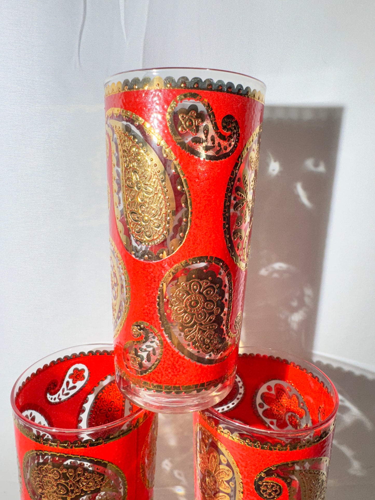 Set of 6 Vintage Culver LTD 22K Gold Red Paisley Highball Glasses – 5½” Tall