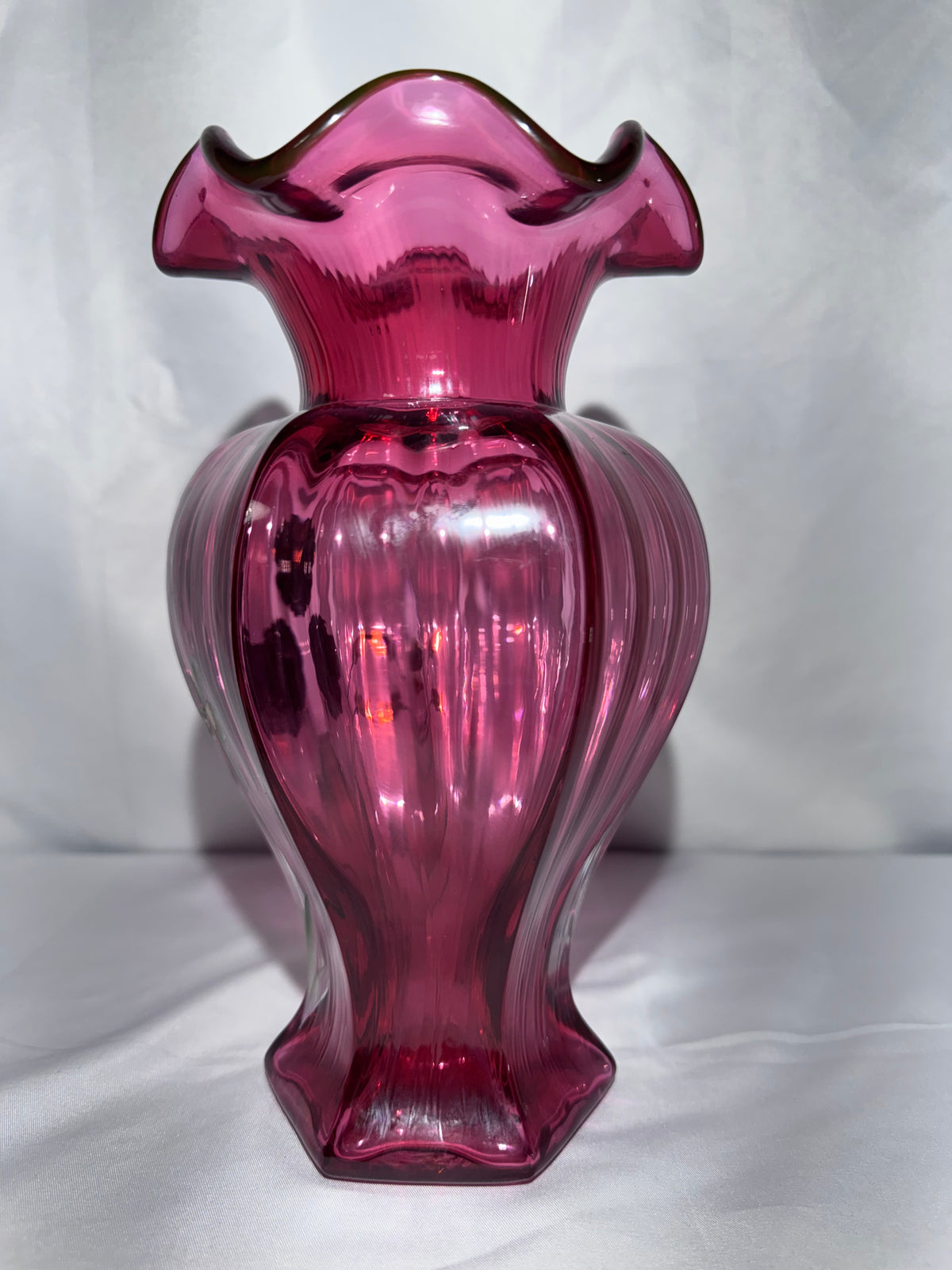 Fenton Art Glass Cranberry Vase Hand-Painted Pansies Signed 1995 George Fenton
