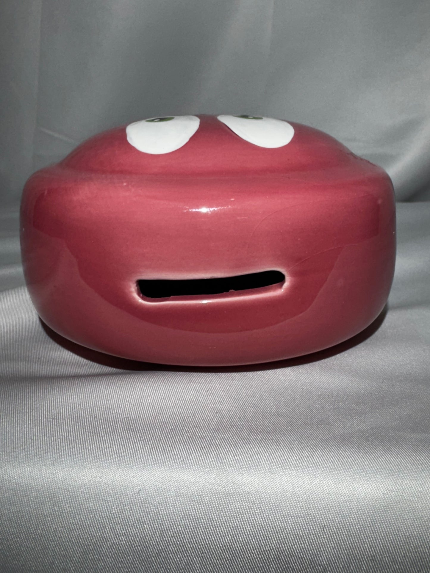 Vintage 1970s Pink Smiley Face Ceramic Coin Bank Piggy Bank w/ Stopper Retro 4.5”