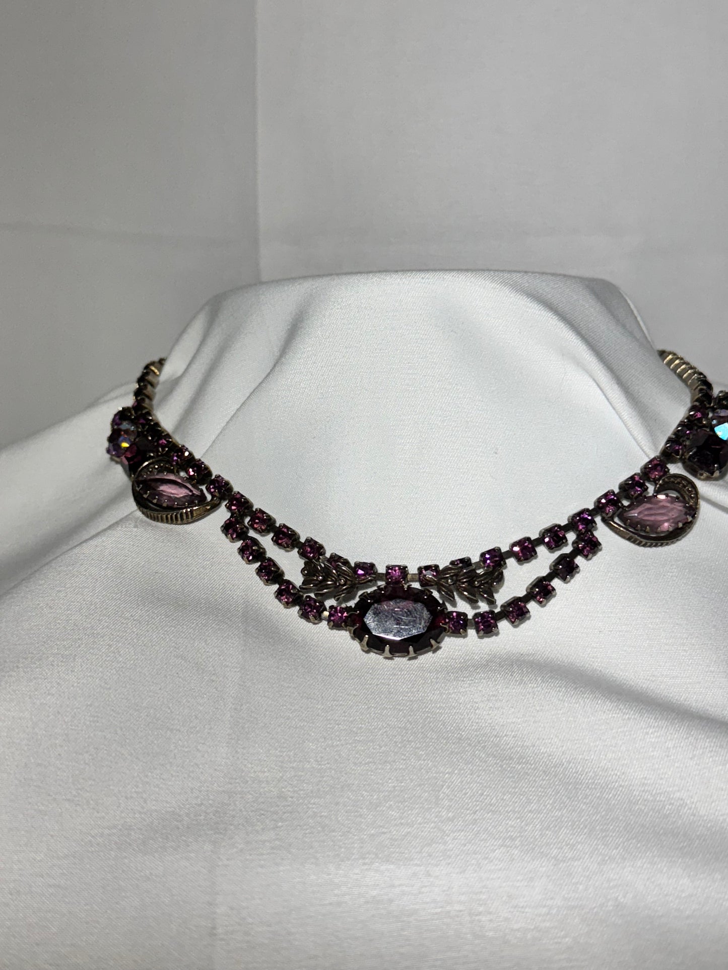 Vintage Purple Rhinestone Necklace – Adjustable 17” – Dark Silver Tone Setting- Women Jewelry