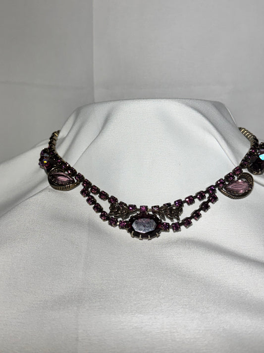 Vintage Purple Rhinestone Necklace – Adjustable 17” – Dark Silver Tone Setting- Women Jewelry