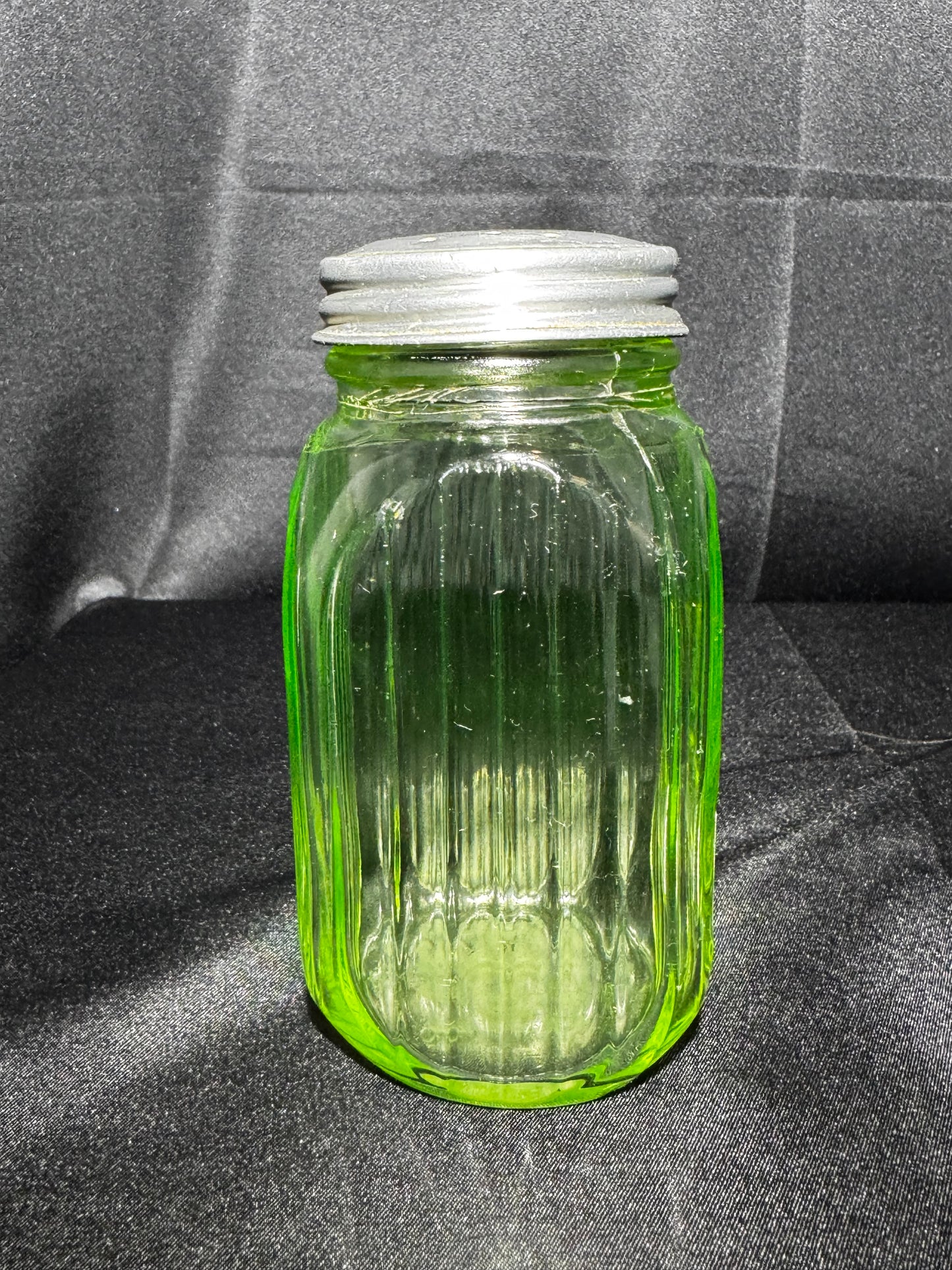 Vintage Anchor Hocking Uranium Glass SUGAR Shaker Ribbed Hoosier Jar w/ Metal Lid