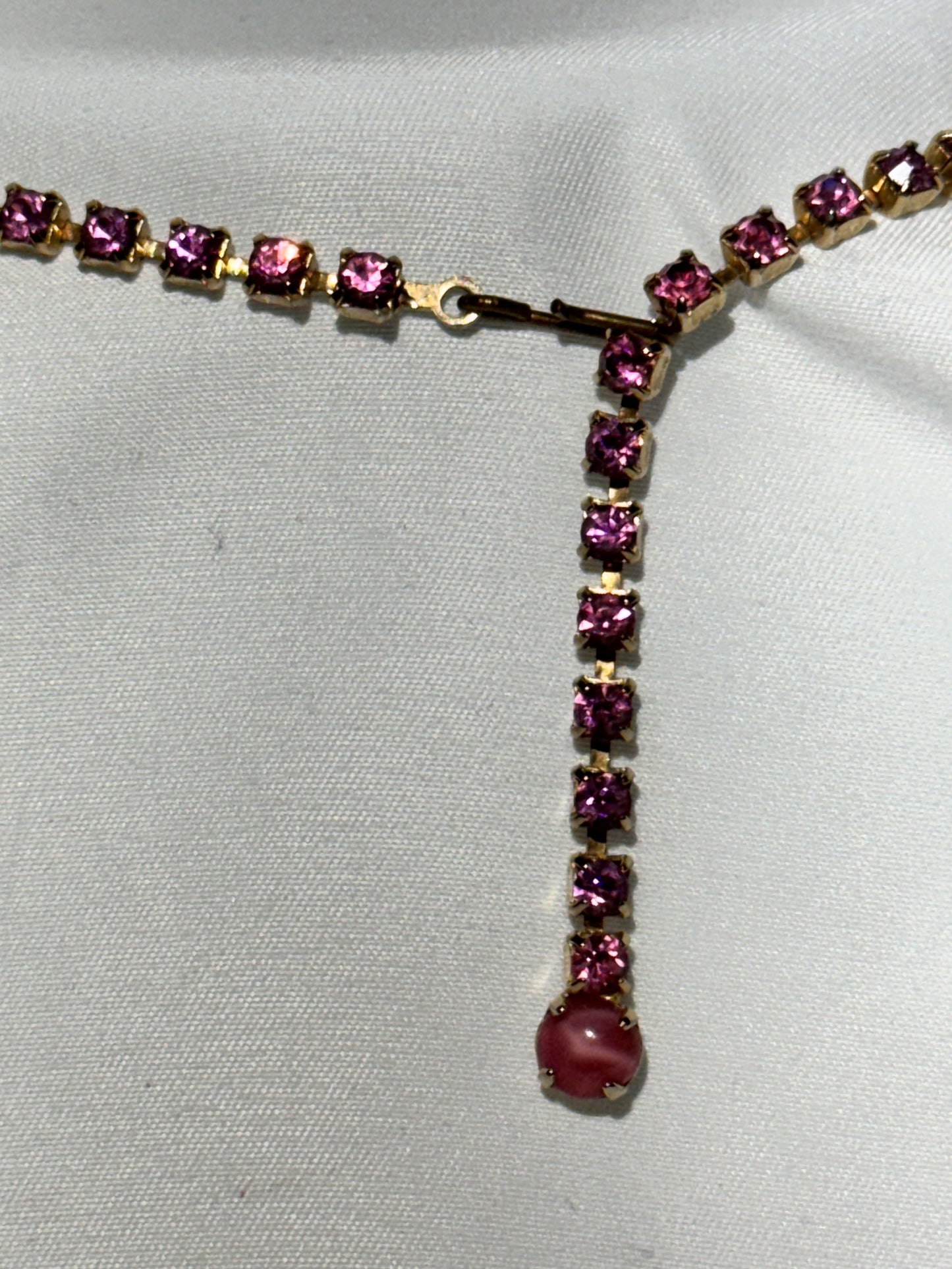 Vintage Pink Rhinestone Necklace with Cabochon Stone & Gold-Tone Setting – Adjustable 15” Length with Five Dangles