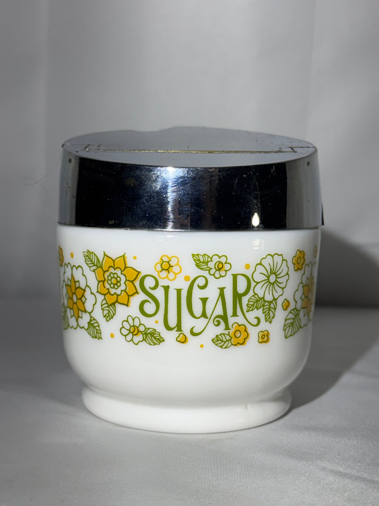 Vintage Gemco Spring Blossom Crazy Daisy Milk Glass Sugar Dispenser Chrome Lid USA