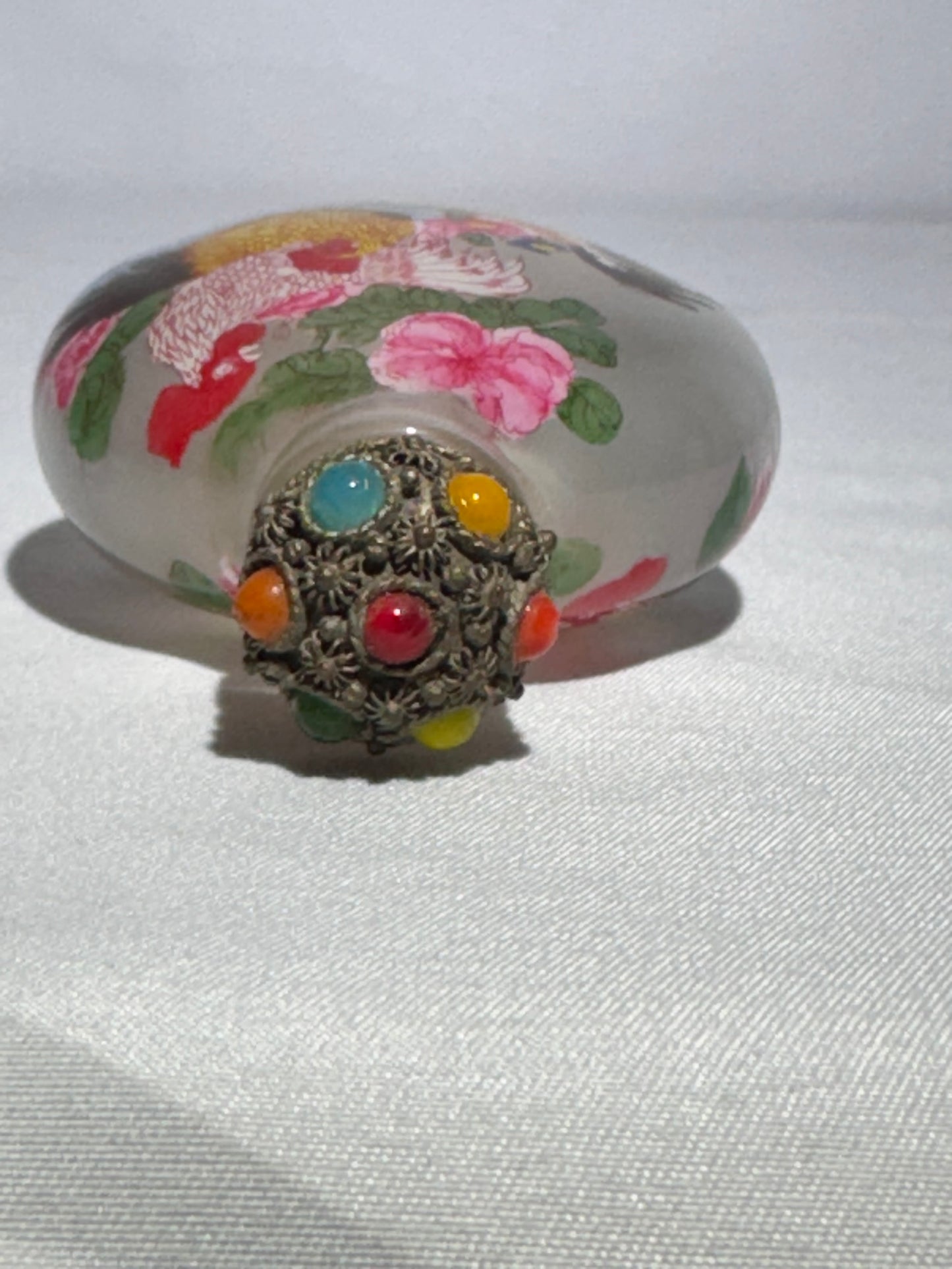 Chinese Reverse Hand Painted Glass Snuff Bottle – Dual Rooster Scene, Oval Shape