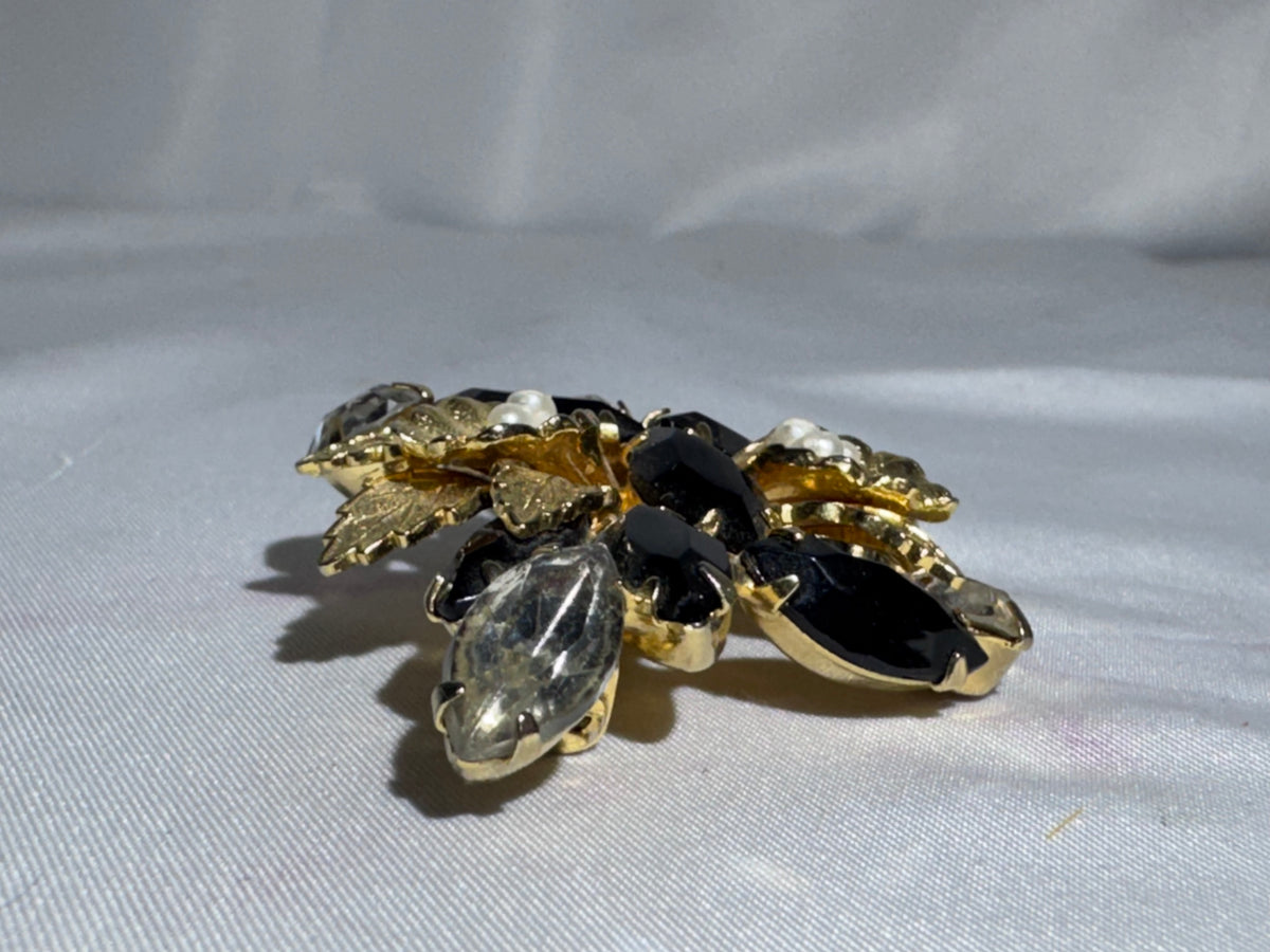 Vintage Weiss Style Black Rhinestone Floral Brooch Faux Pearl Gold Tone Unsigned