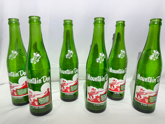 Rare Vintage Mountain Dew Green Glass Bottles – 10 fl oz – Hillbilly Slogan Graphics 6pack