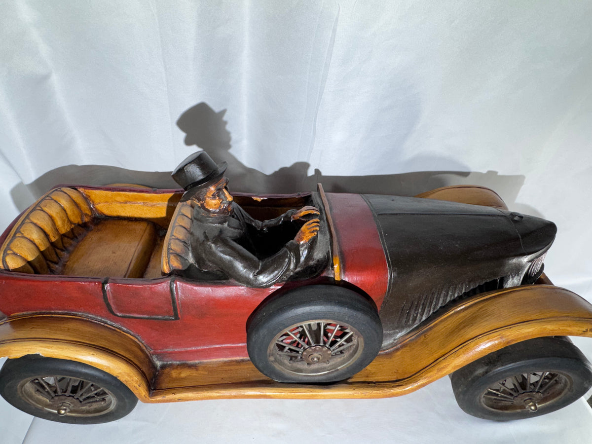 Antique Style 1913 Touring Car Wooden Sculpture Hand Painted Driver Top Hat 26.5” Read
