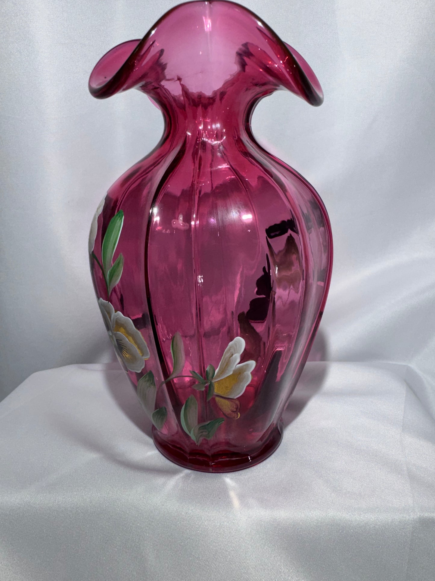 Fenton Cranberry Pansies Hand-Painted Vase – Signed 1995 – #93