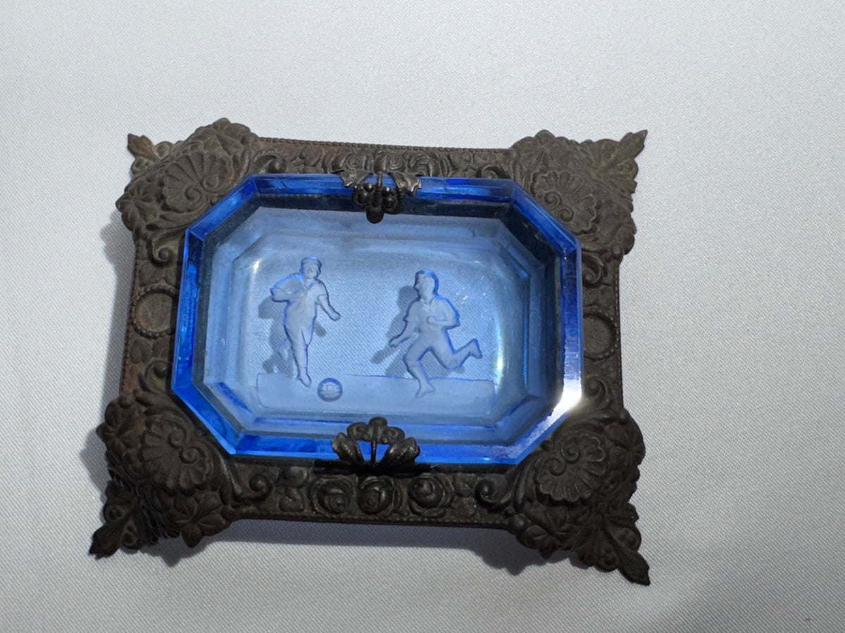 Vintage Art Deco Bohemian Intaglio Glass Open Salt Cellar – Soccer Theme – Ornate Metal Holder – 1920s–1930s