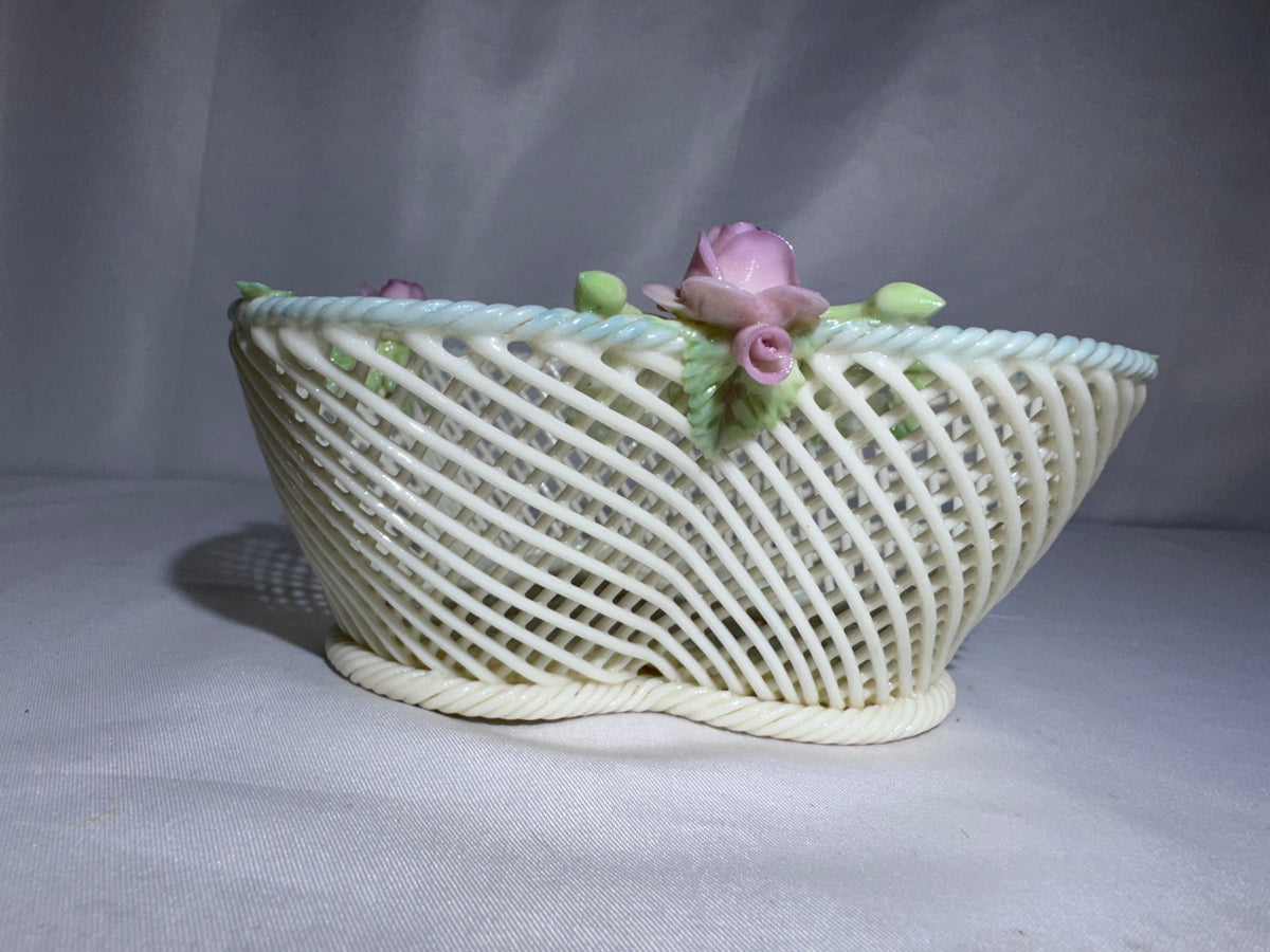 Vintage Irish Belleek Porcelain Four-Strand Woven Basket with Pink Roses – Made in Ireland