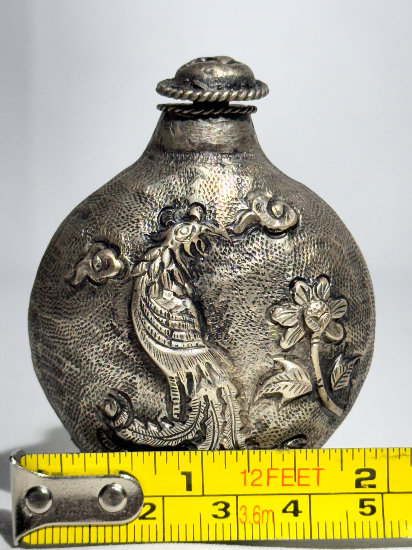 Antique Chinese Snuff Bottle – Repoussé Phoenix & Floral Motif – Hammered Metal Design