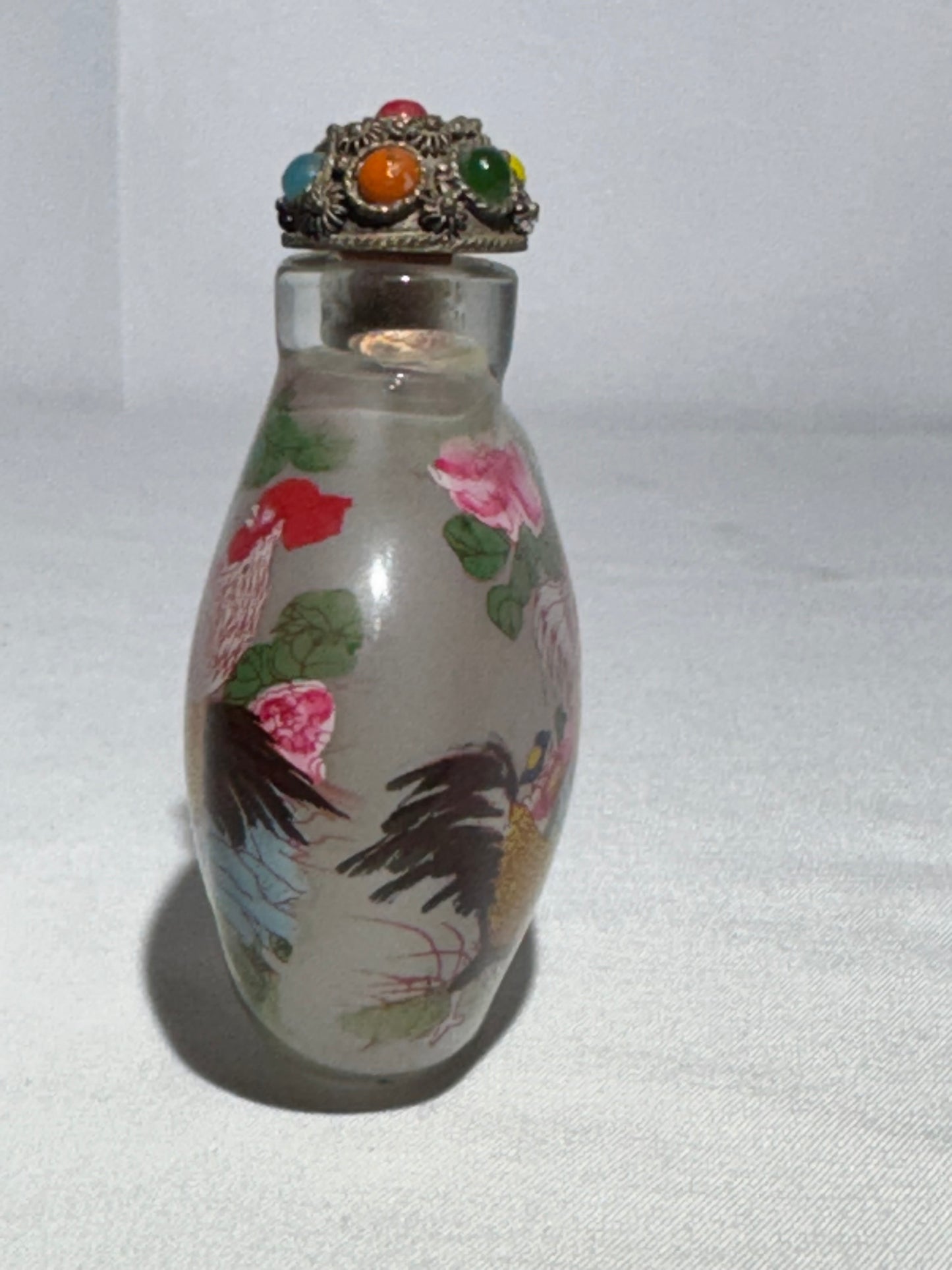 Chinese Reverse Hand Painted Glass Snuff Bottle – Dual Rooster Scene, Oval Shape
