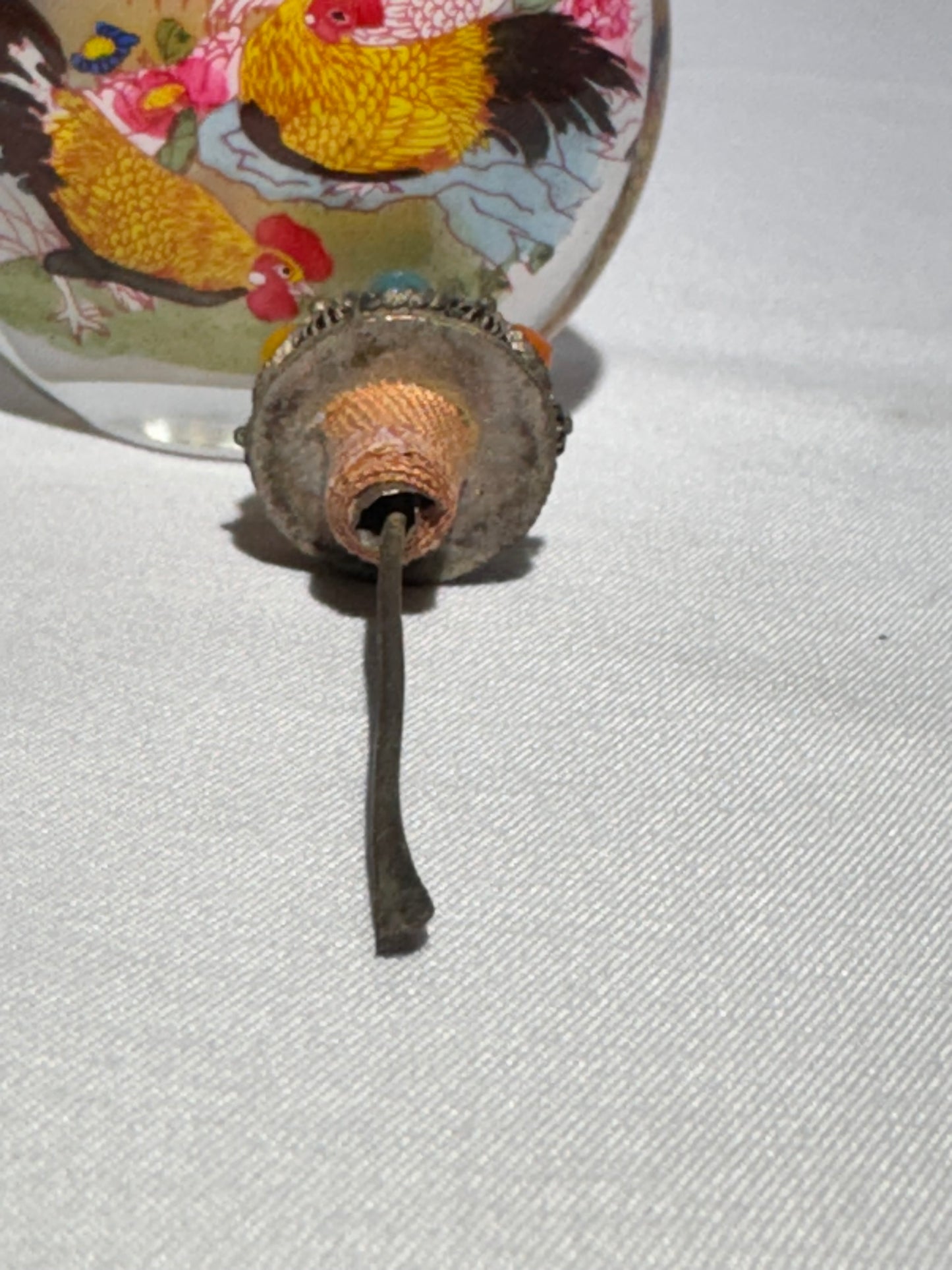 Chinese Reverse Hand Painted Glass Snuff Bottle – Dual Rooster Scene, Oval Shape