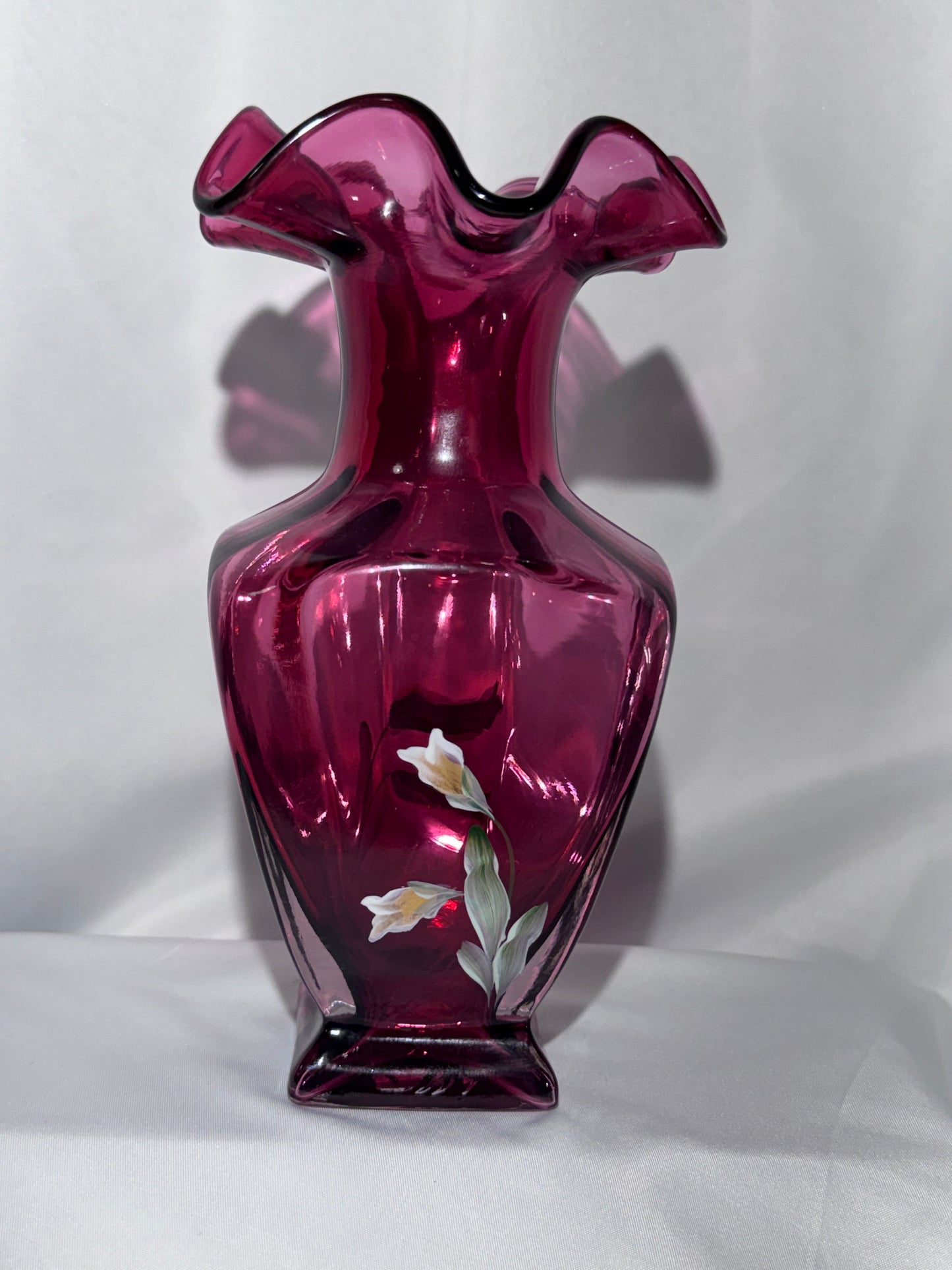 Fenton 1999 Hand Painted Cranberry Cased Glass Square Vase Pansies Signed 7.5”