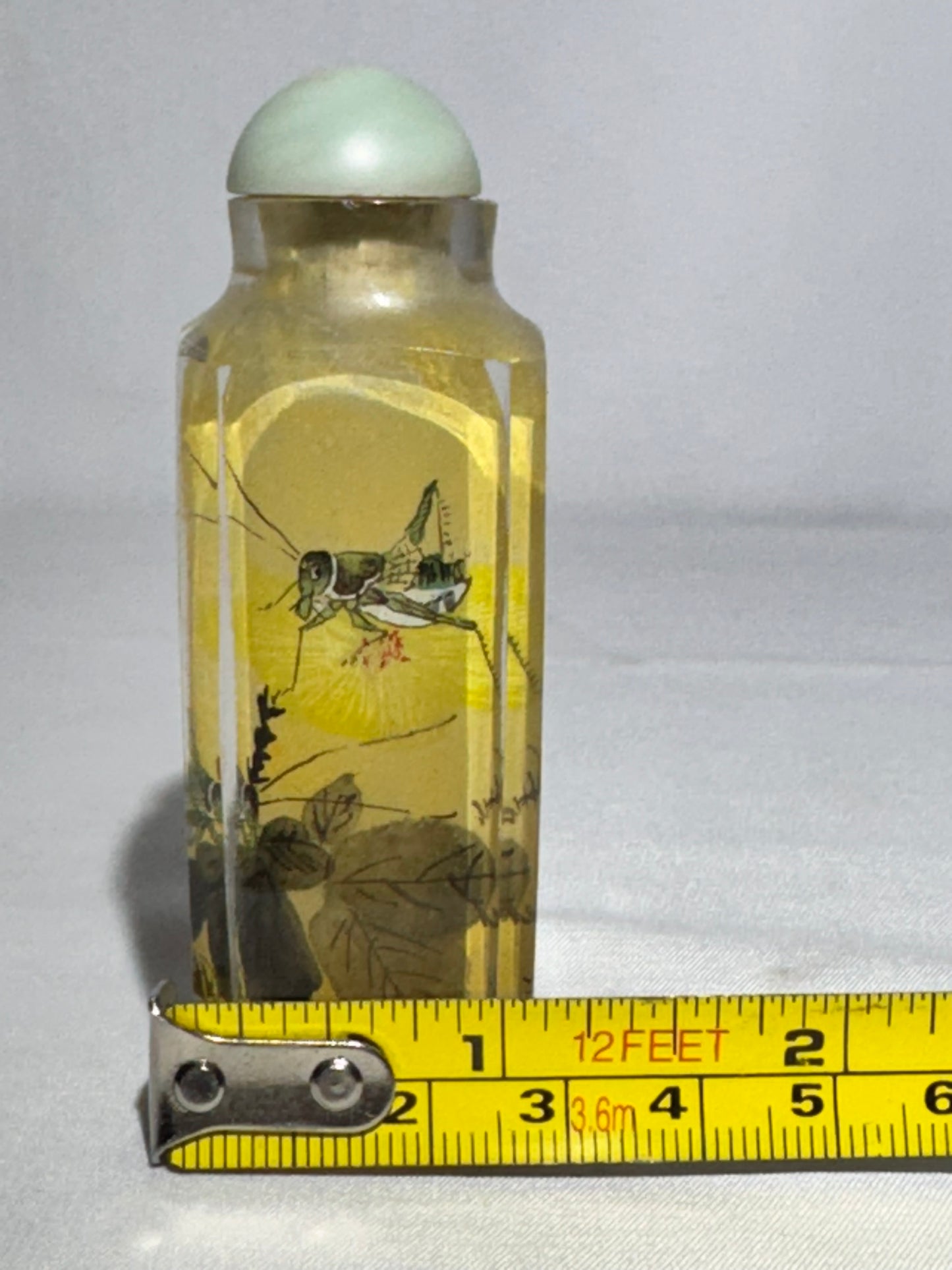 Antique Chinese Inside Hand Painted Glass Snuff Bottle – Crickets, Calligraphy & Artist Signature – Stone Topper