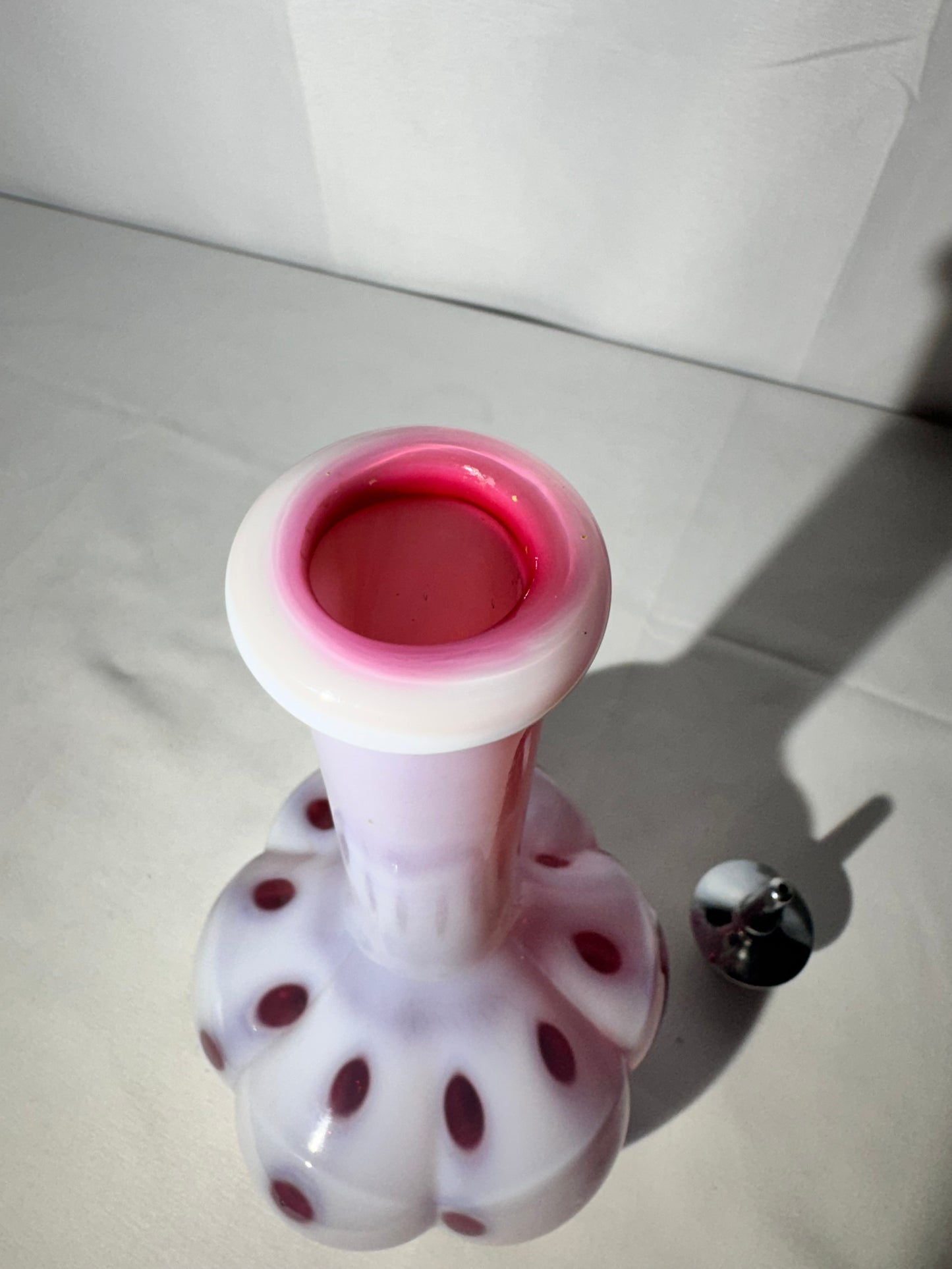 Vintage Barber Bottle – White & Cranberry Coin Pattern with Original Topper