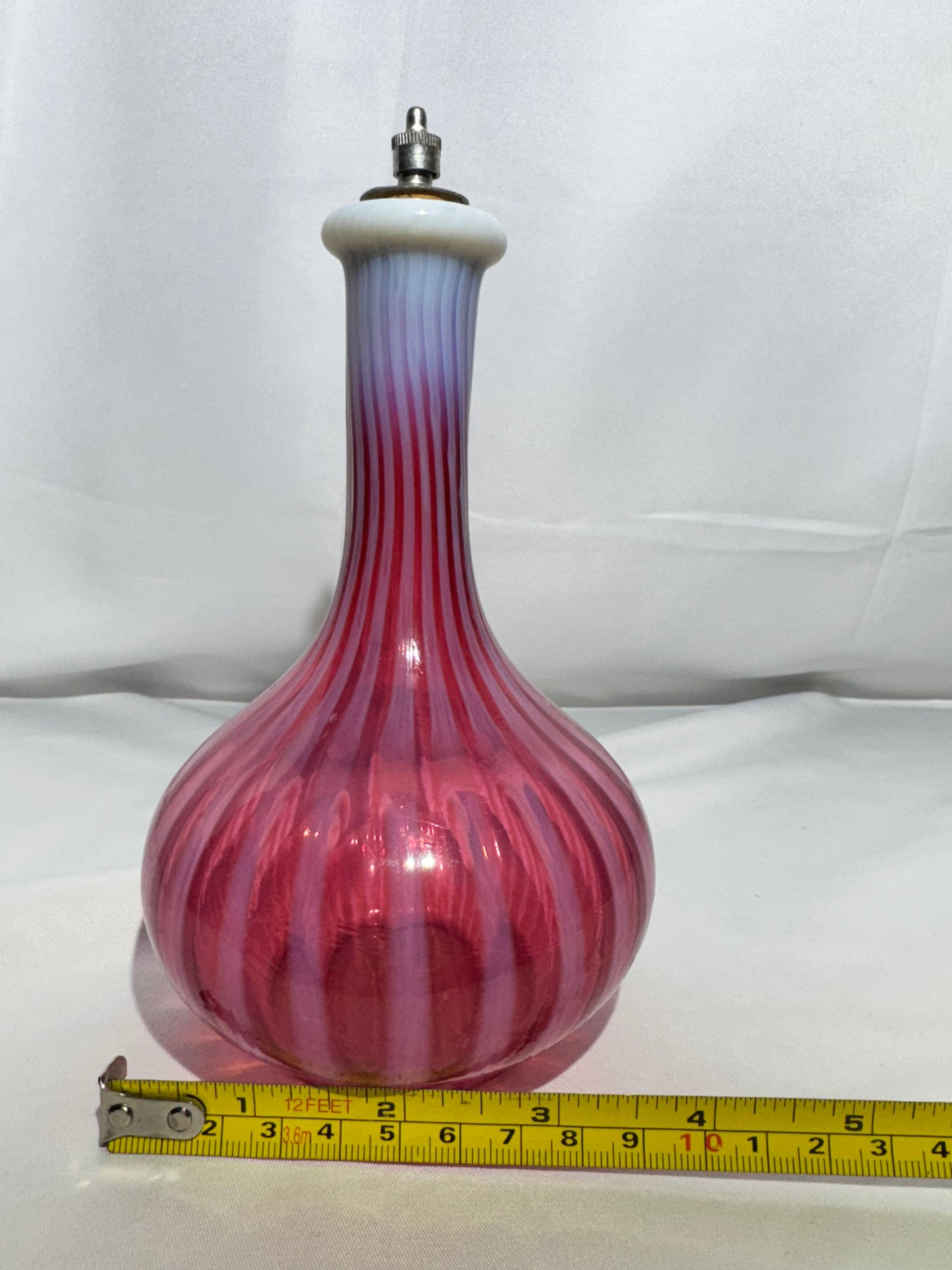 Antique Cranberry Opalescent Striped Barber Bottle w/ Stopper