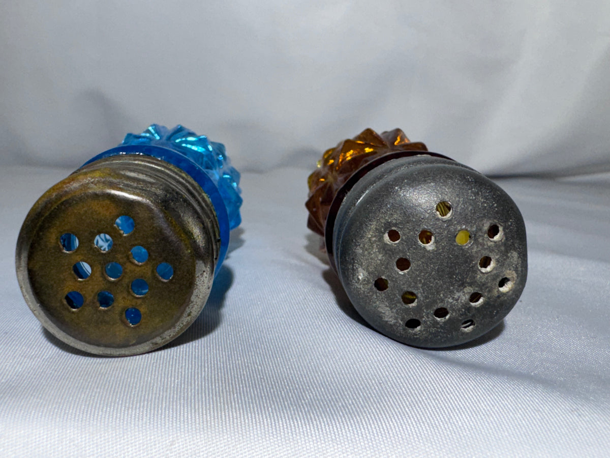 Antique EAPG Daisy & Button Slender Salt & Pepper Shaker Set w/ Glass Caddy – Circa 1884