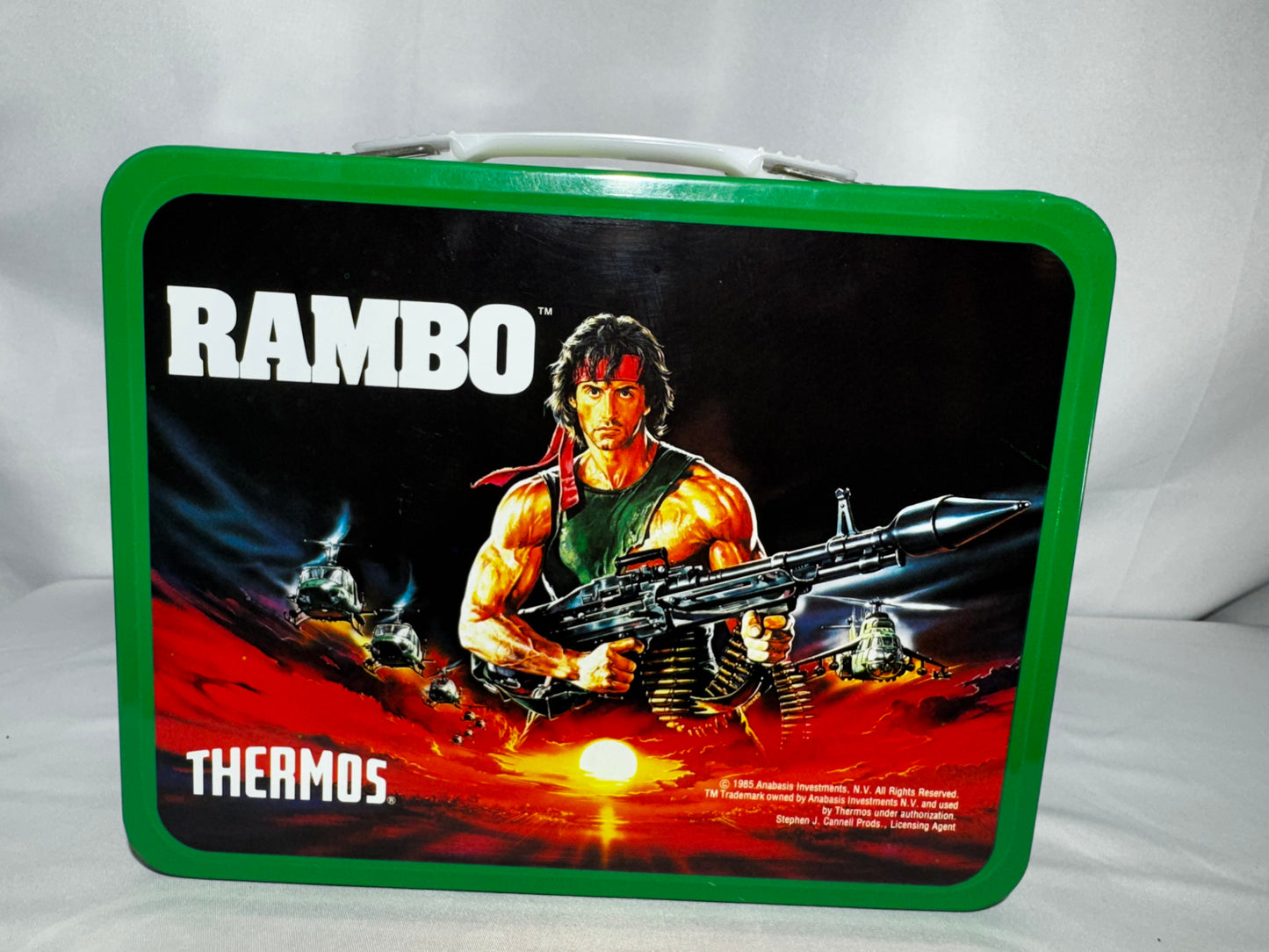 Vintage 1985 Rambo First Blood Part II Metal Lunchbox Thermos Sylvester Stallone with paper