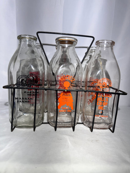 Vintage Dairy Milk Bottle Set w/ Wire Carrier – Assorted Advertising Glass Quart Bottles