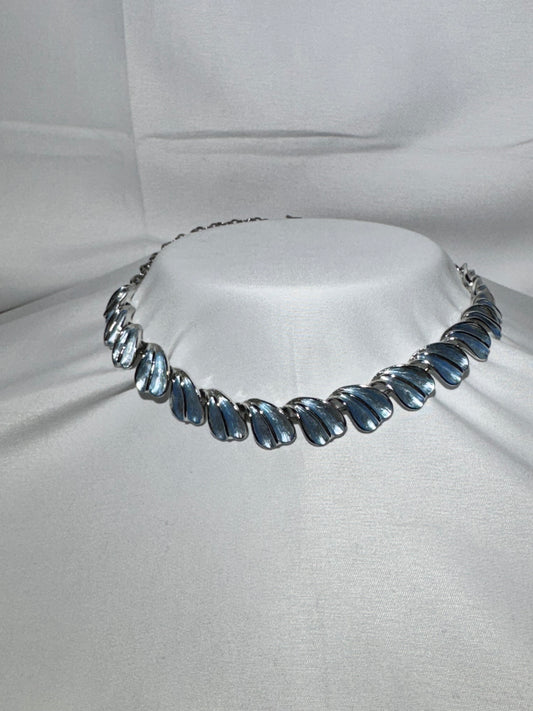 V intage Pandora Silver Necklace with Light Blue Enamel Leaves –