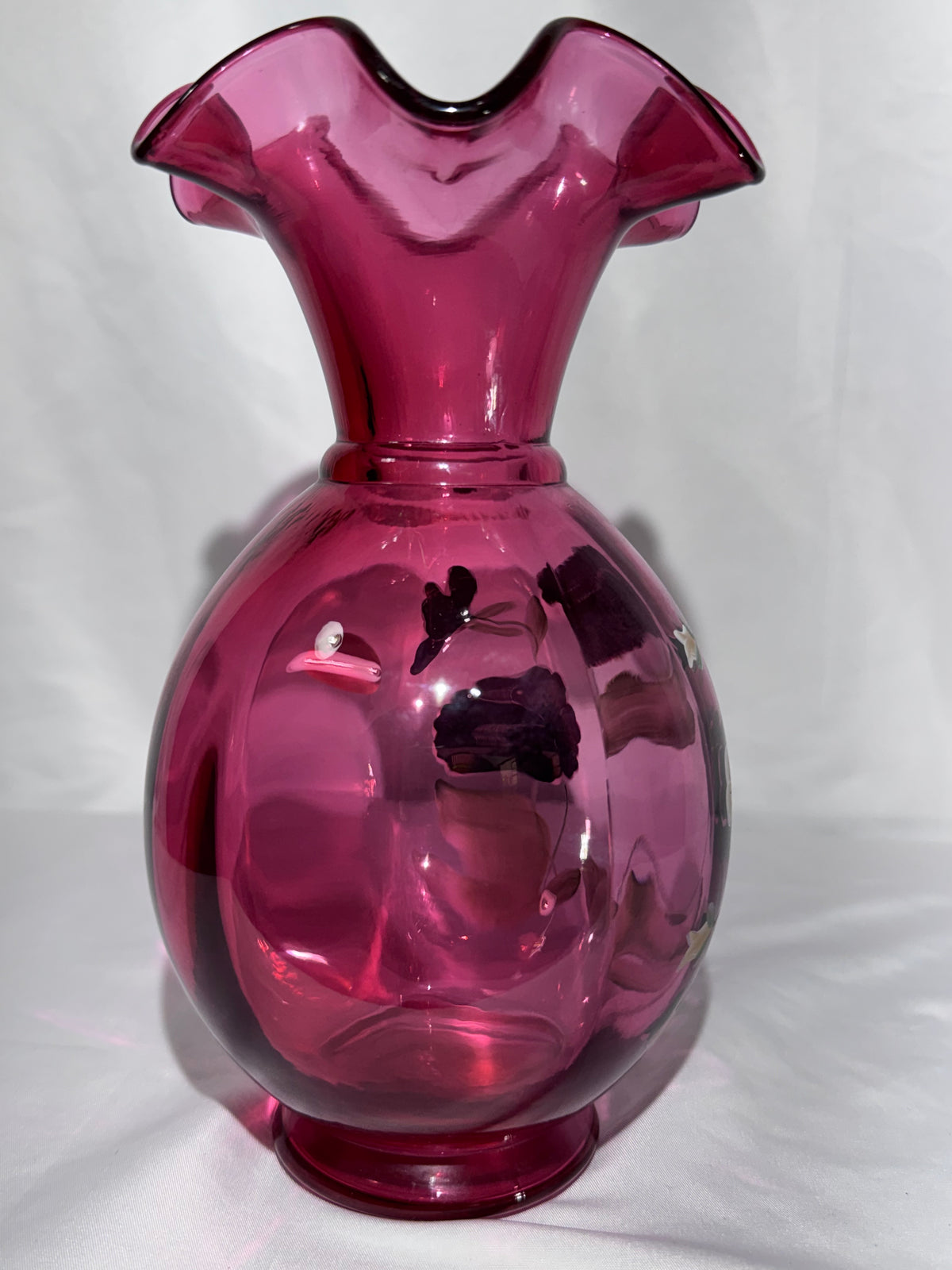 Vintage Fenton Cranberry Art Glass Vase – Hand-Painted Pansy Floral – P. Lane – 9” -1990's