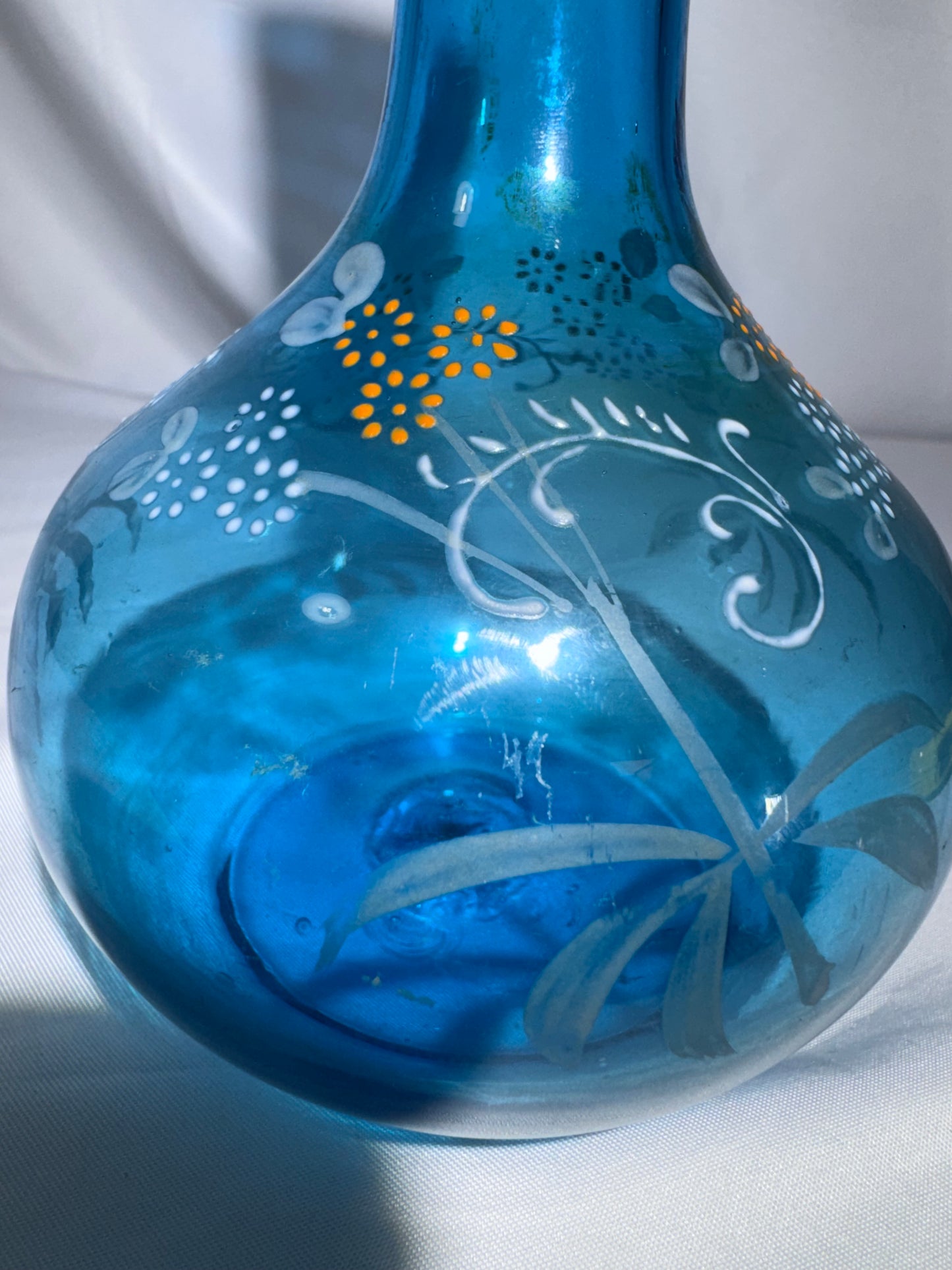 Antique Victorian Hand-Blown Blue Glass Barber Bottle – Hand-Painted Floral Enamel