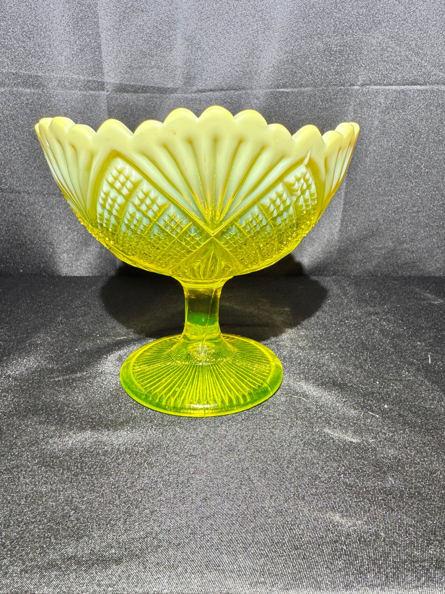 Victorian Uranium Glass Davidson Primrose Pearline Footed Compote – RN 285342