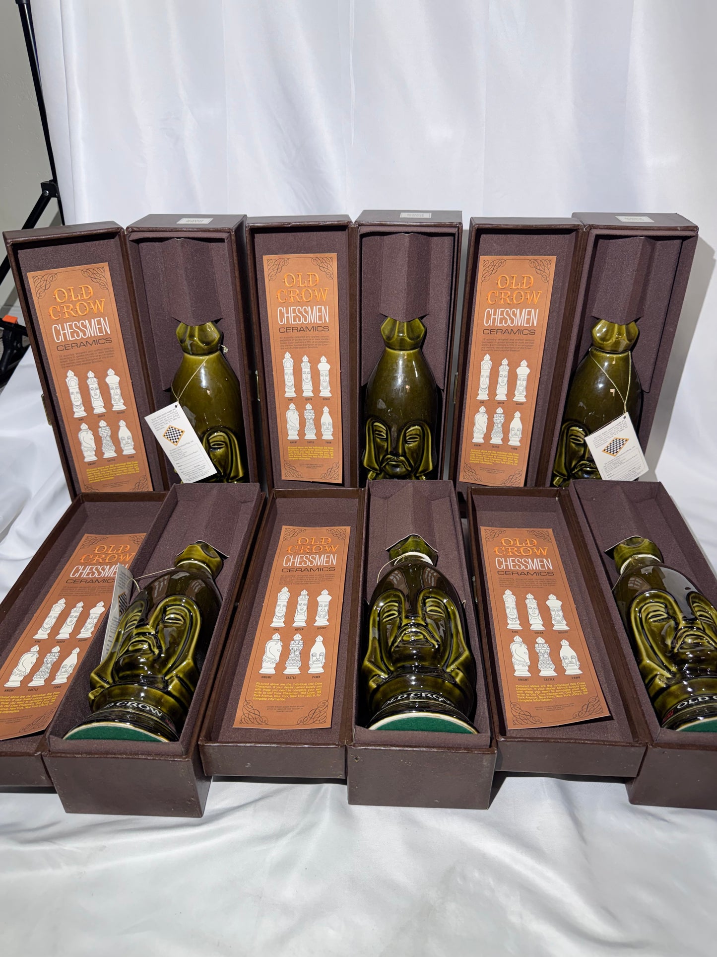 1969 Old Crow Kentucky  Bourbon Chessmen Ceramic Decanters – Set of 6 with Original Case-empty