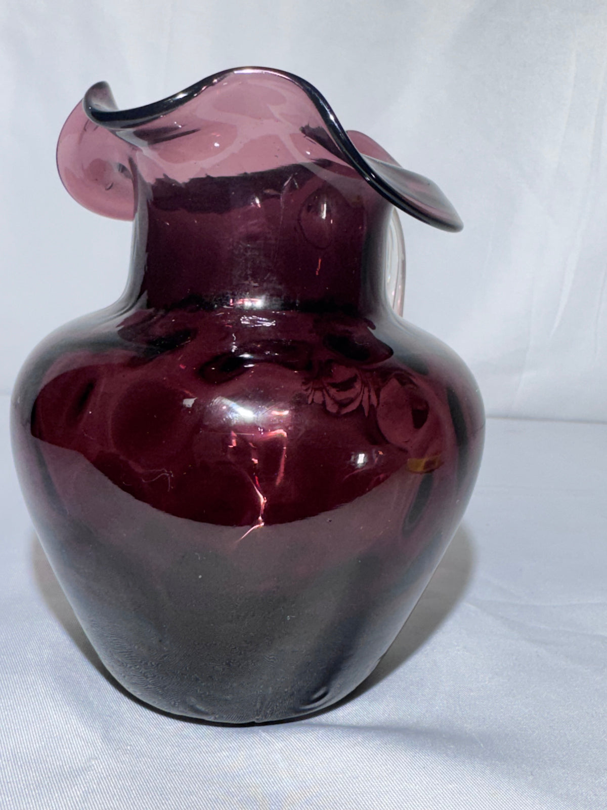 Vintage Hand-Blown Purple Amethyst Glass Coin Dot Small Pitcher / Creamer Ruffled Rim 1940’s-1950’s
