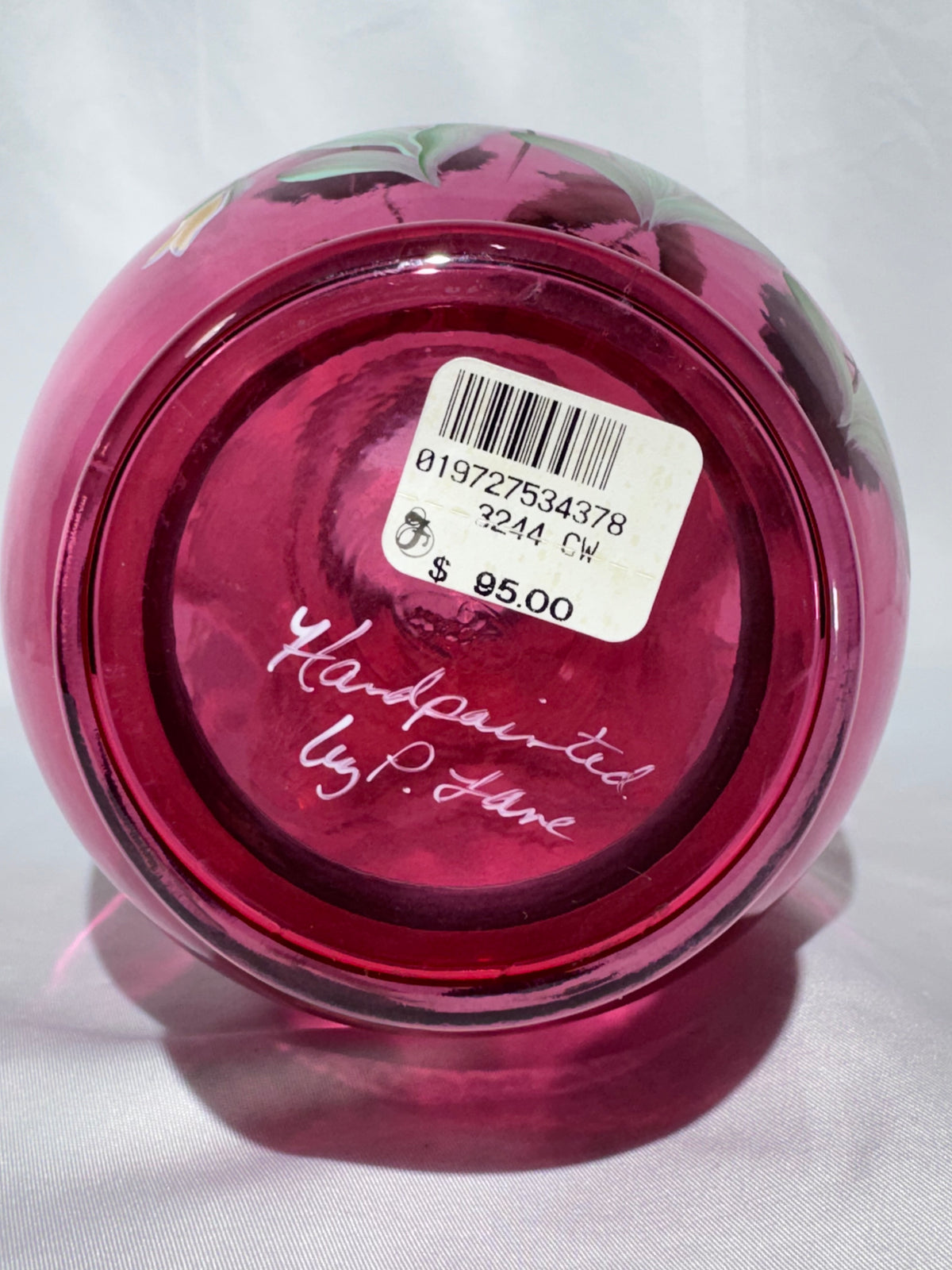 Vintage Fenton Cranberry Art Glass Vase – Hand-Painted Pansy Floral – P. Lane – 9” -1990's