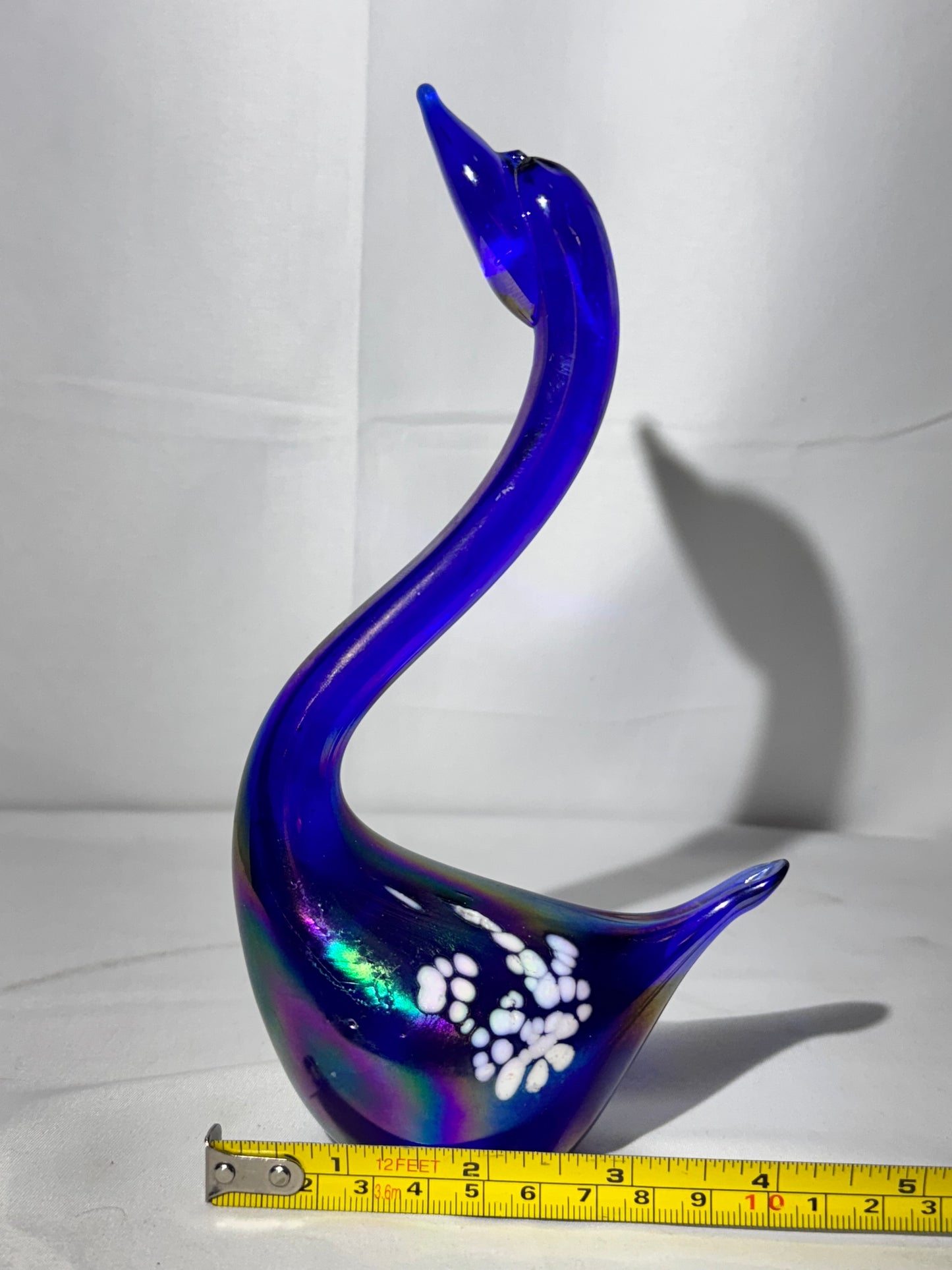 Blue Iridescent Carnival Glass Swan – Hand Painted Accent Wings – 7½”