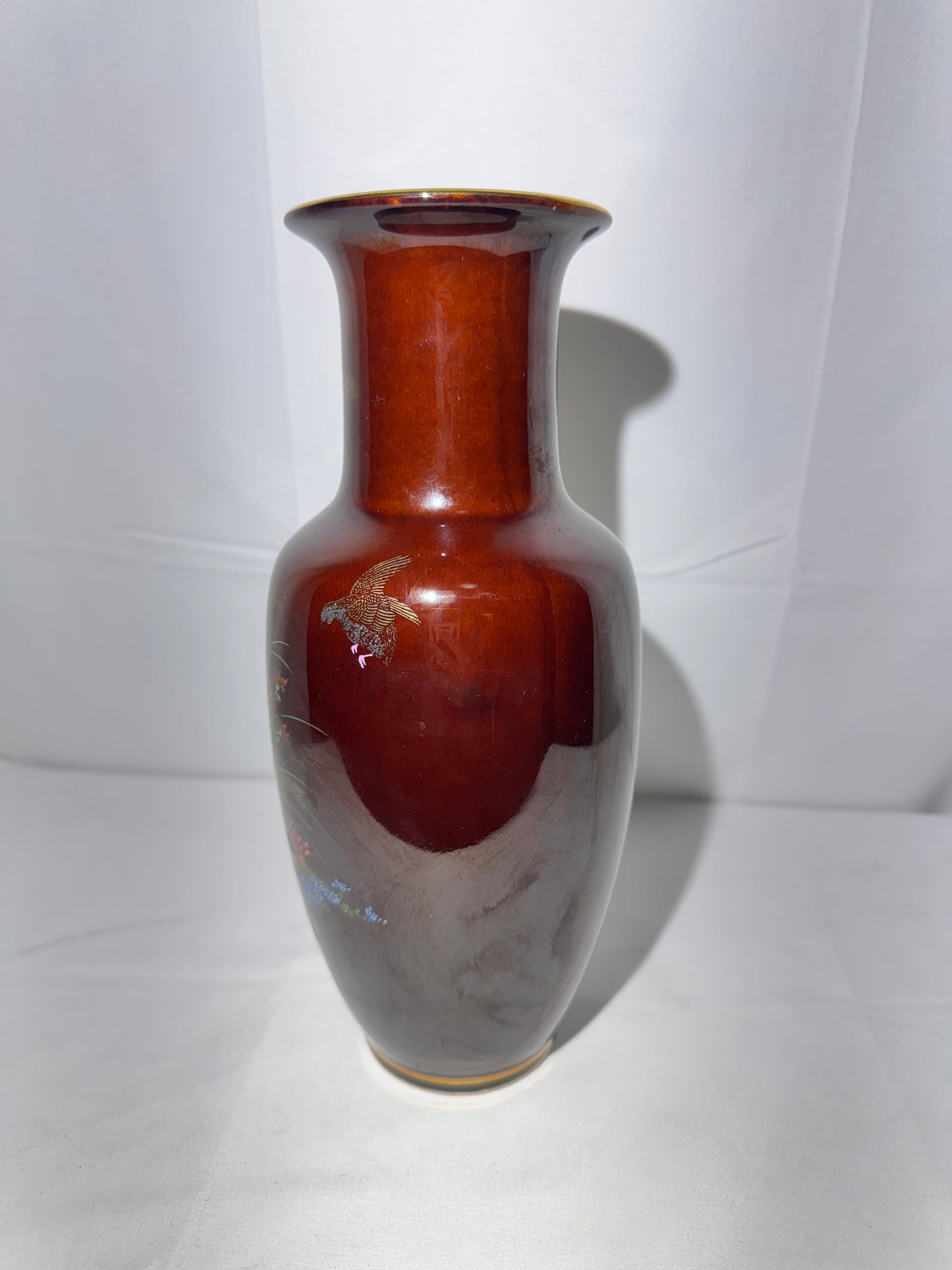 Vintage Hand Painted Vase – Brown Floral Design with Quail – Made in Hong Kong – 10” Tall – Gold Trim