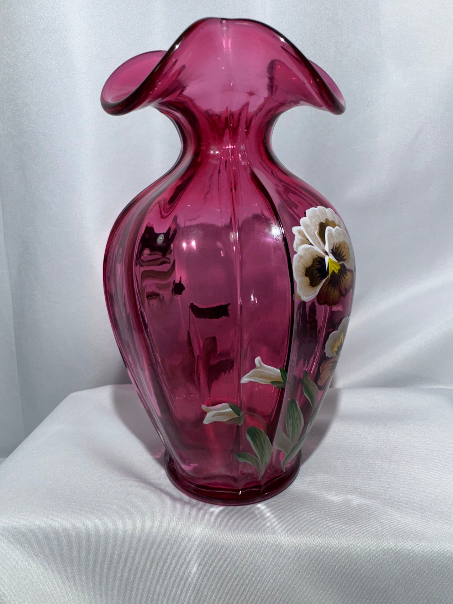 Fenton Cranberry Pansies Hand-Painted Vase – Signed 1995 – #93