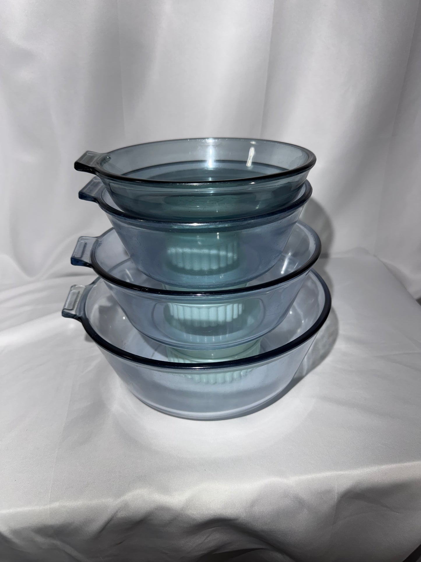 Vintage Pyrex Flameware Blue-Tinted Glass Saucepan Set – 817-B, 832-B, 833-B, 834