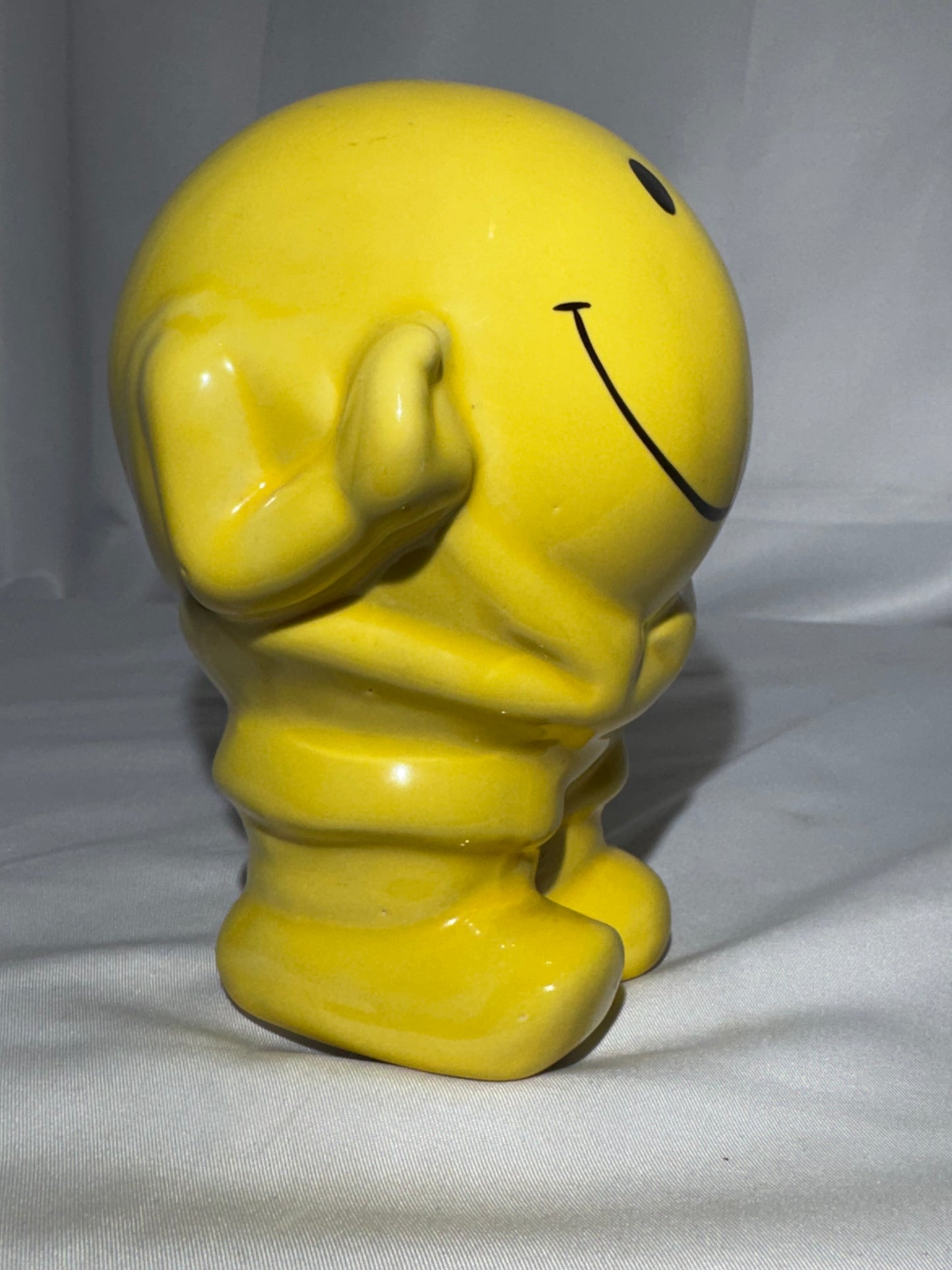 Vintage 1970s Yellow Smiley Face Man Ceramic Piggy Bank Coin Bank Retro Happy Face 5.5”