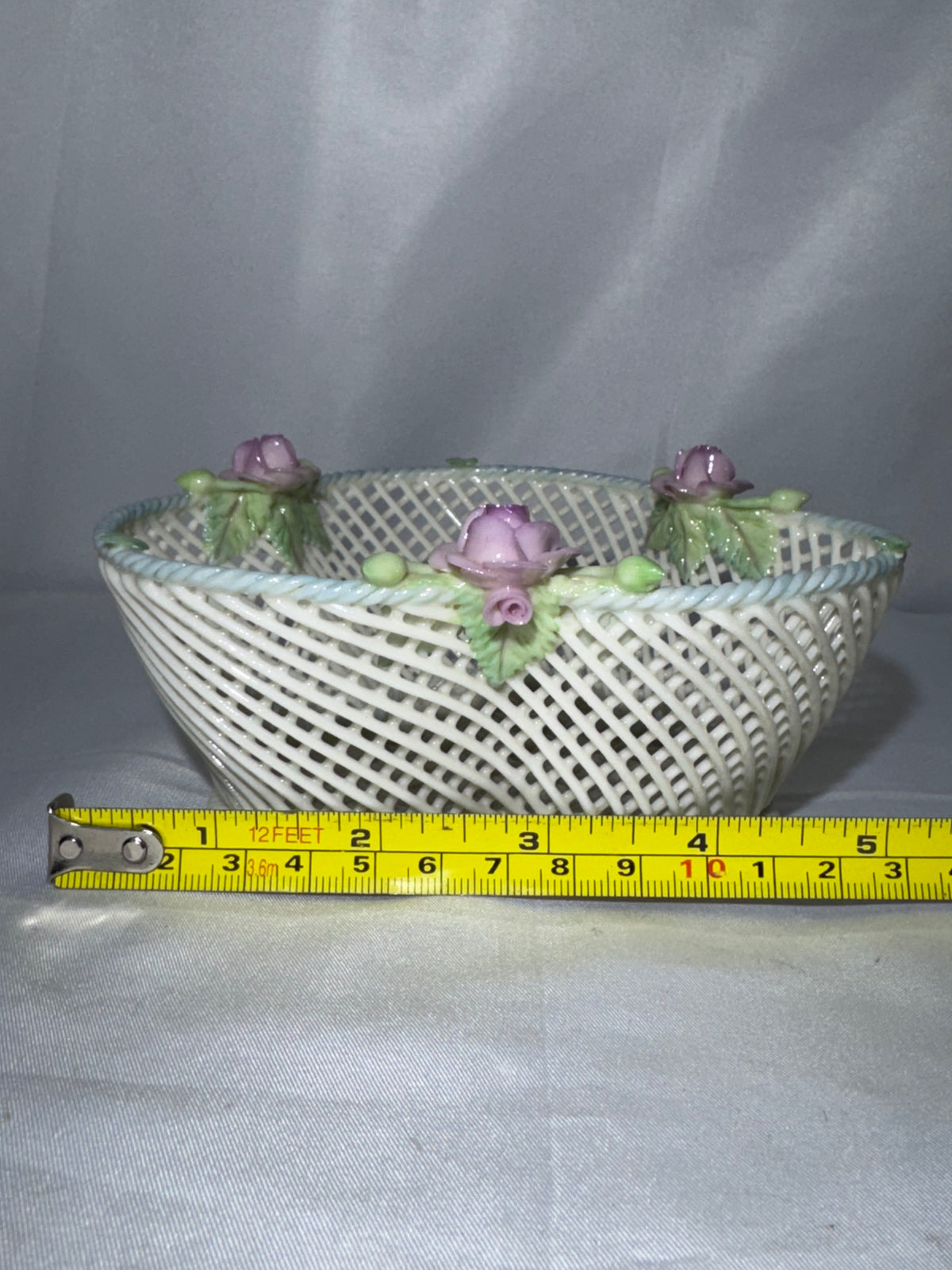 Vintage Irish Belleek Porcelain Four-Strand Woven Basket with Pink Roses – Made in Ireland