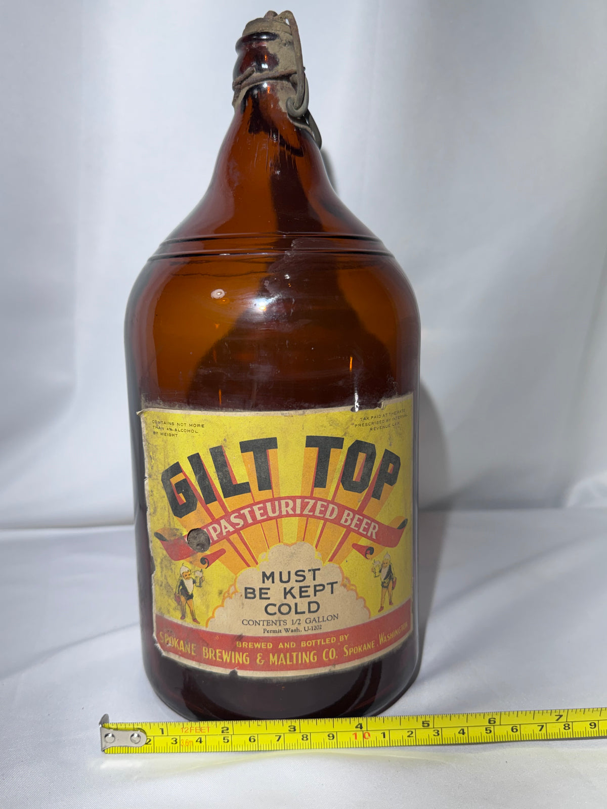 Vintage 1930s Gilt Top Pasteurized Beer 1/2 Gallon Amber Jug – Spokane Brewing & Malting Co. – Spokane WA
