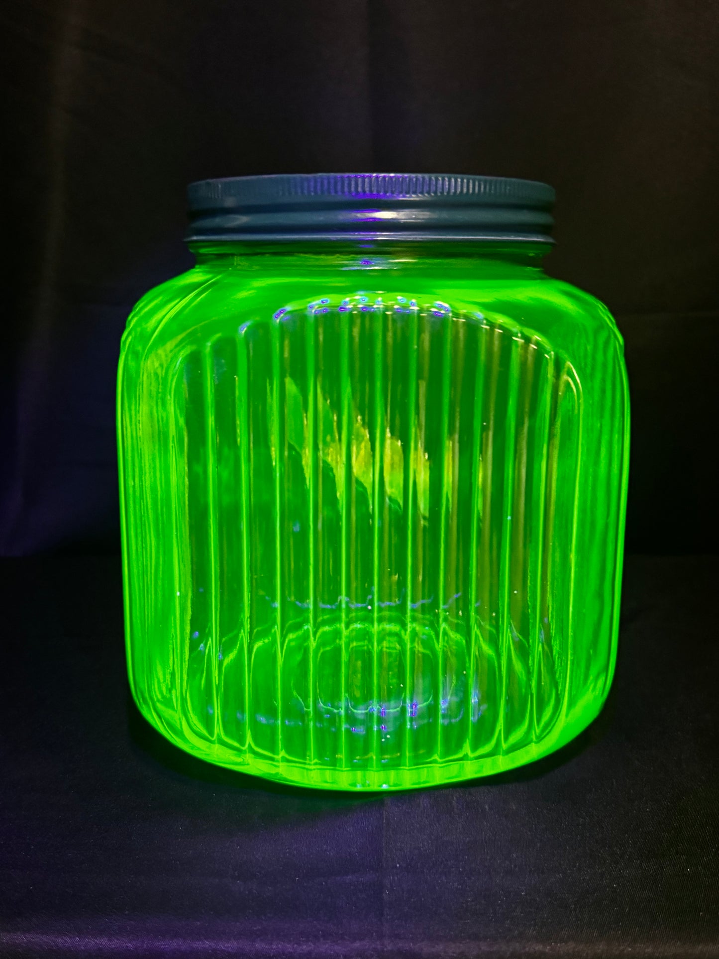Vintage 1930s Uranium Glass Hoosier Cookie Canister w/ Green Lid & Original Sticker UV Glow