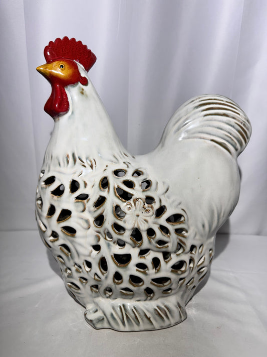 White Ceramic Openwork Rooster Figurine – Decorative Farmhouse Accent – 13” Tall